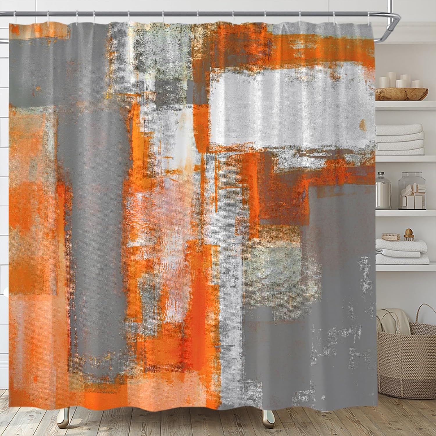 Orange Gray Shower Curtain Abstract Brushstrokes Painting Art Modern Boho Farmhouse Home Fabric Bathroom Decor Set Include Hooks,(70" Wx78 H)