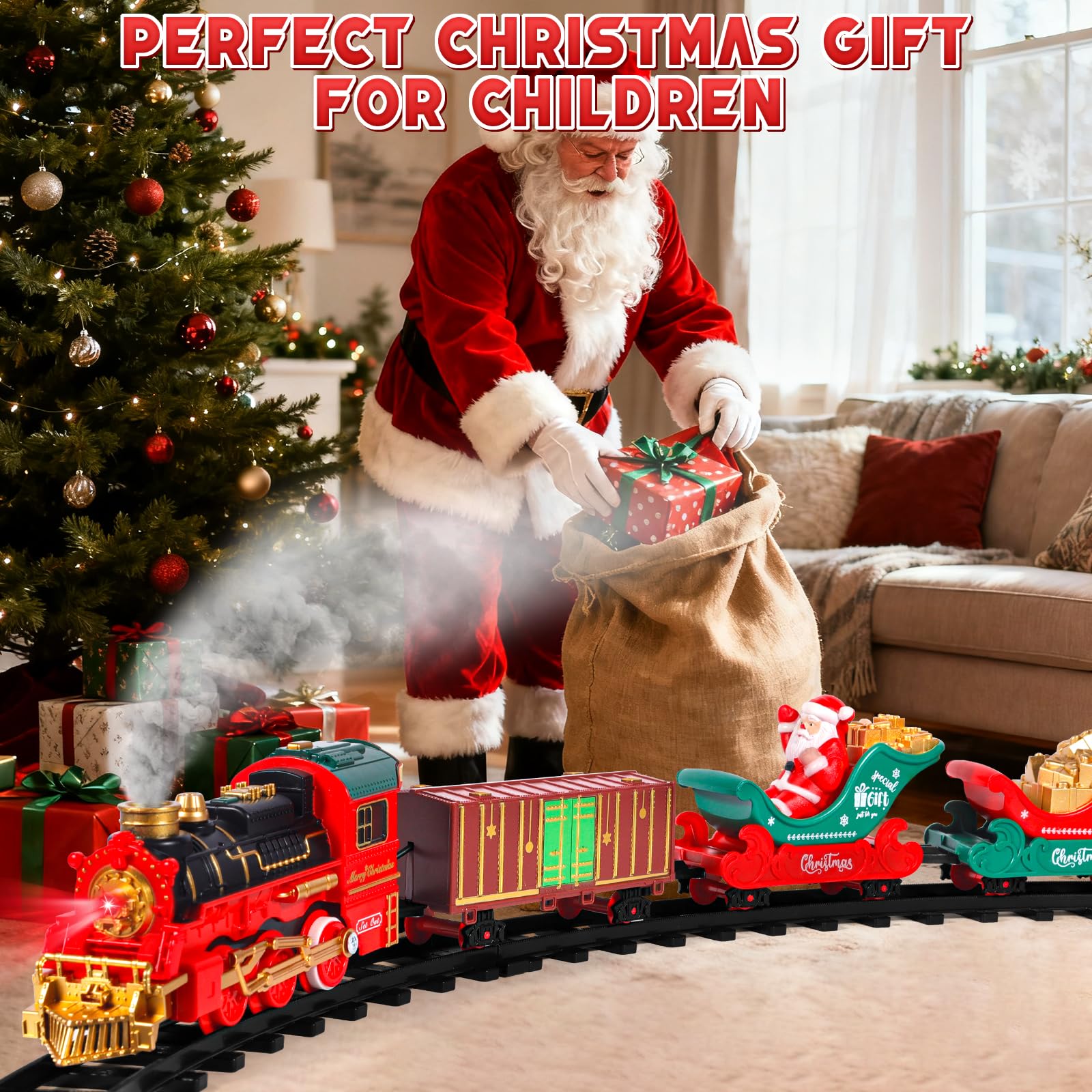 Tren Eléctrico De Navidad Con Humo, Luces Y Sonido – Set De Vías Y Vagones Para árbol De 1.5 A 2.3 M, Regalo Para Niños De 3 A 8 Años