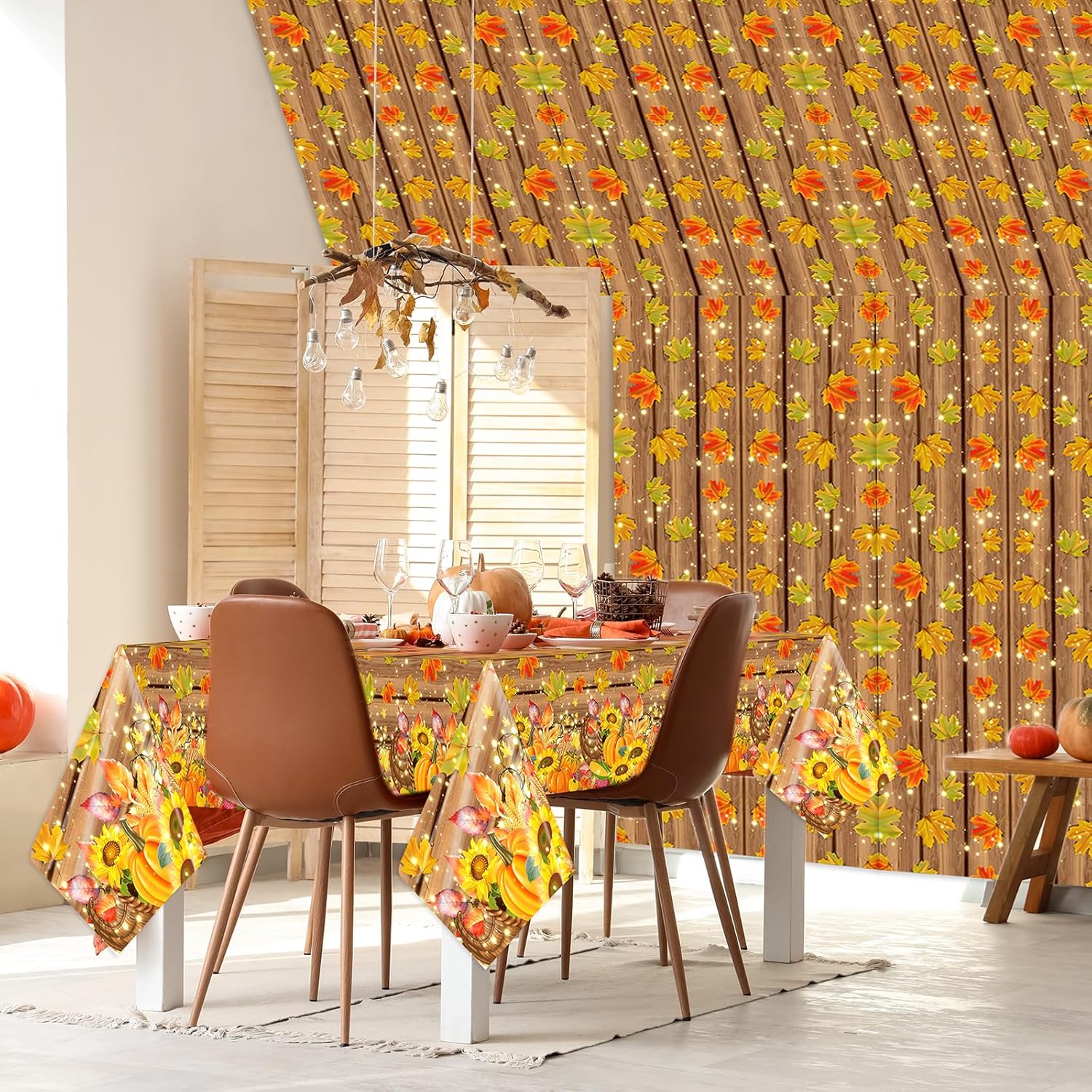 Fall Plastic Disposable Tablecloth Roll 52 in x 100 Ft Thanksgiving Harvest Tablecloth Rectangular Maple Leaf Pumpkin Autumn Table Cover for Holiday Picnics Dinner Home Party Decor Supplies