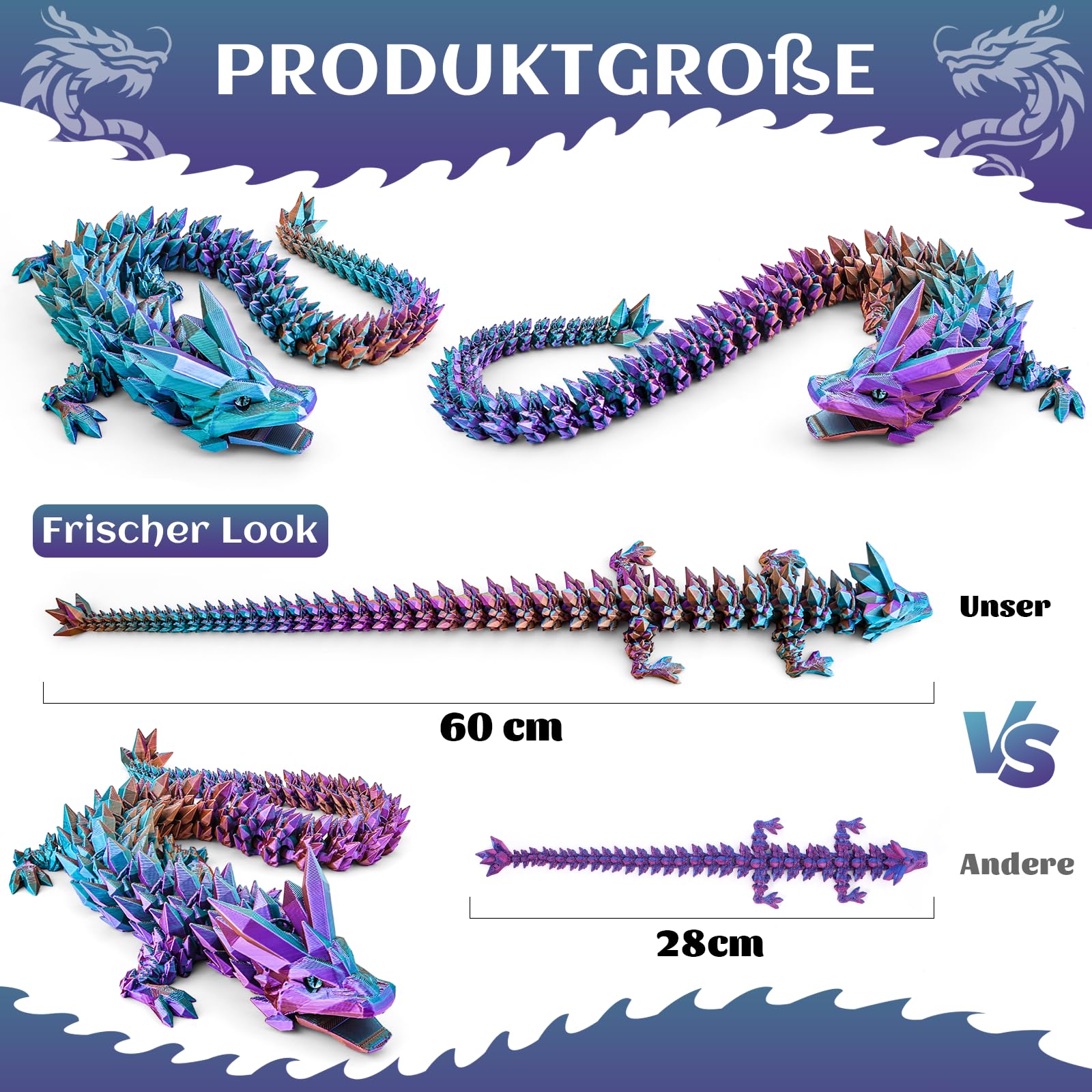 Drago stampato 3D, 60 cm, giocattolo con gli occhi, misteriosi figure di drago realistico, con articolazioni eque, in cristallo, regalo per bambini