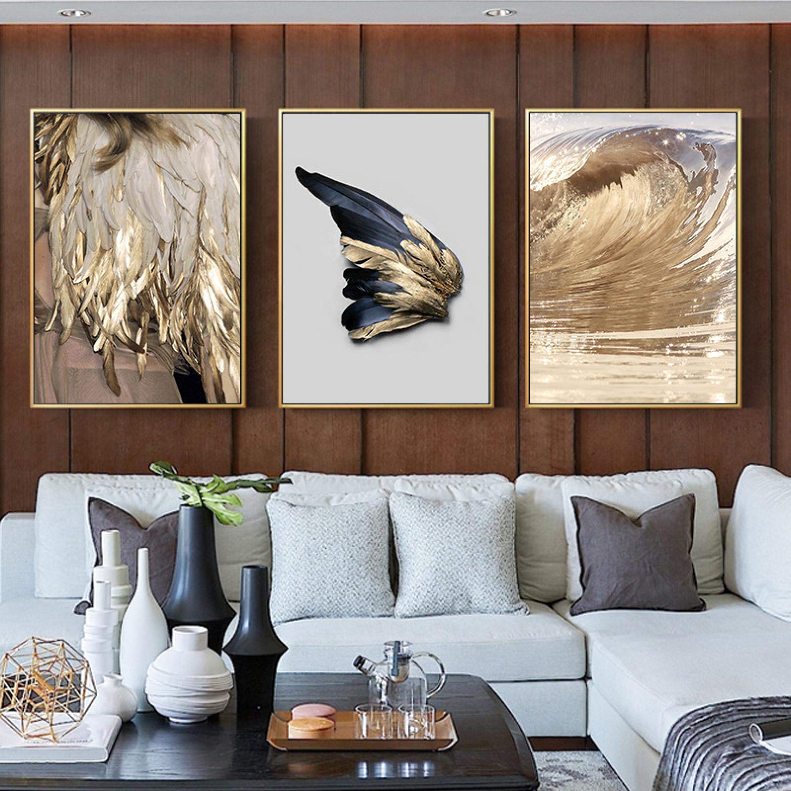 Toile plume d'or et vagues affiche décorative haut de gamme triptyque 50x70cm sans châssis