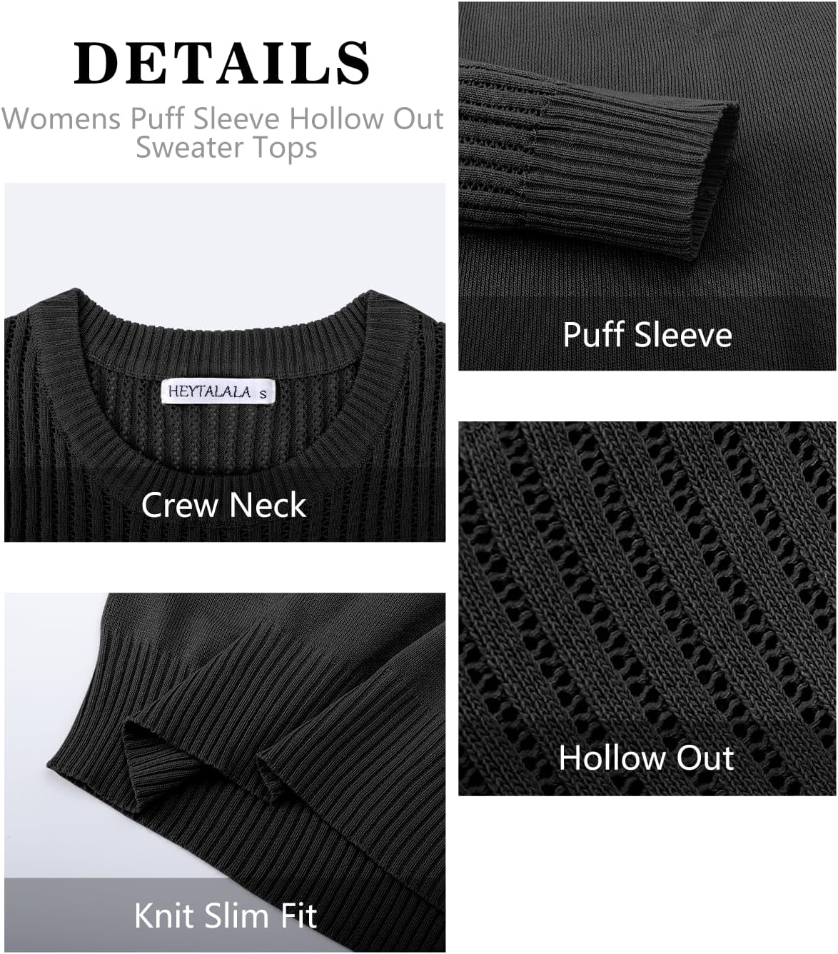 Womens Puff Sleeve Hollow Out Sweater Tops Crewneck Neck Long Sleeve Knit Slim Fit Blouse Elegant Basic Tee Tops - Image 5