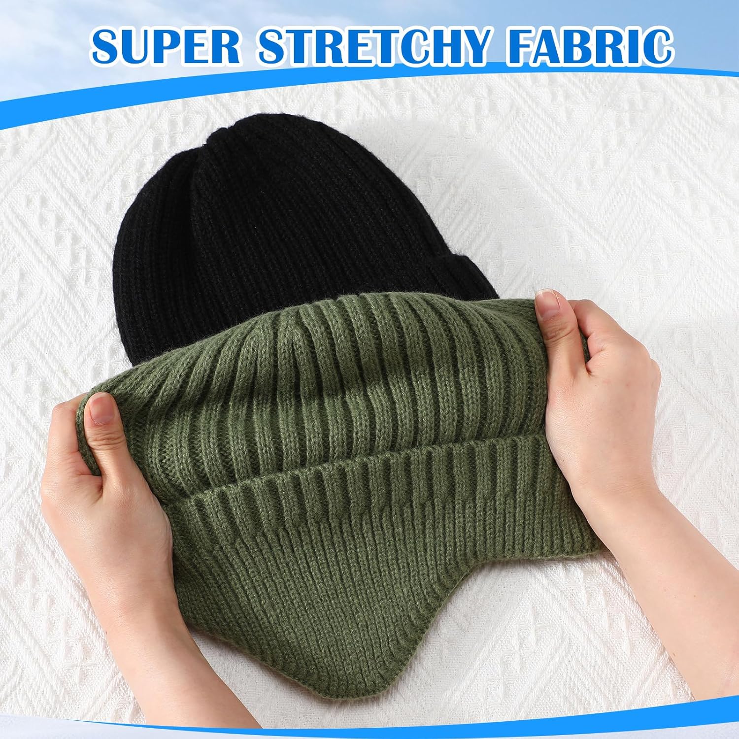2 Pack Winter Knit Ear Flap Hat for Men Women - Thick Fleece Lined Warm Beanie with Ear Cover, Stretchy Skull Cap (Black & Army Green) for Cold Weather Outdoor Sports - Image 6