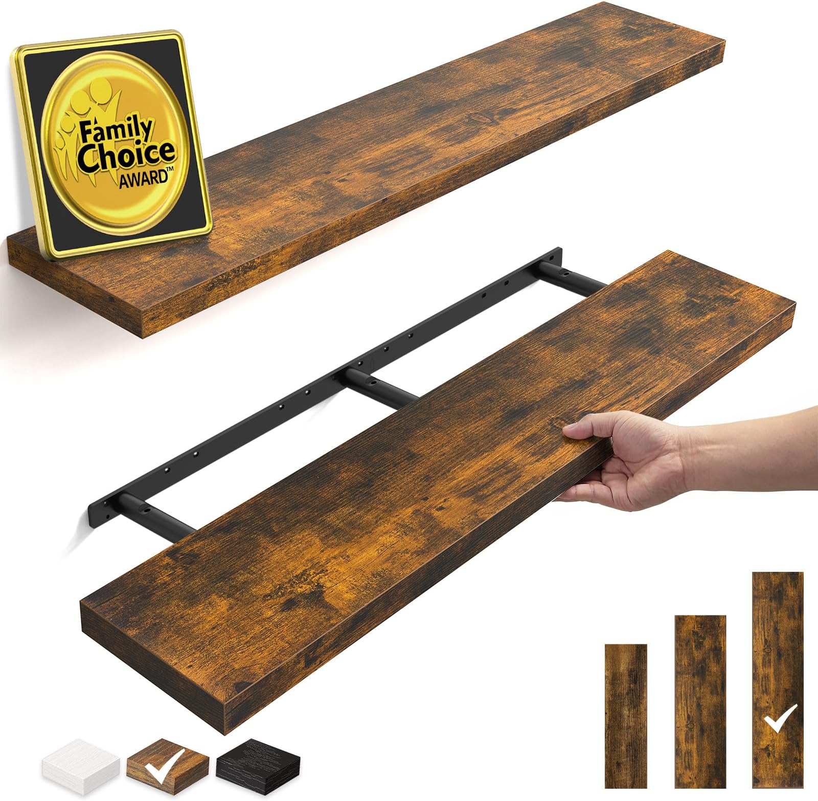 BAYKA Floating Shelves, 47.2 inches Long Wall Mounted Rustic Wood Shelves for Bathroom, Bedroom, Living Room, Kitchen, Office, Hanging Shelf for Books/Storage/Decor(Rustic Brown,Set of 2)