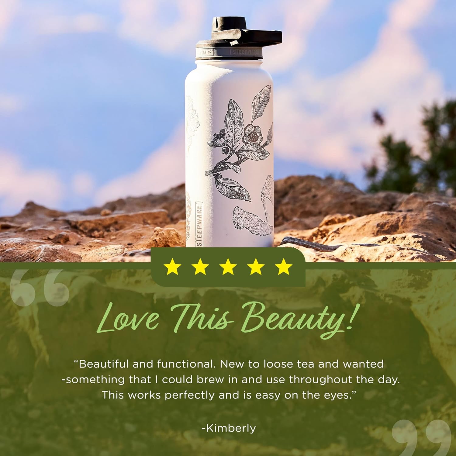 The Tea Spot Himalayan Tea Tumbler - Travel Bottle with Tea Infuser for Loose Leaf Tea or Iced Coffee - 32oz, White-Etched - Double-Walled Insulated Bottle - Keeps Drinks Hot & Cold for Hours - Image 7