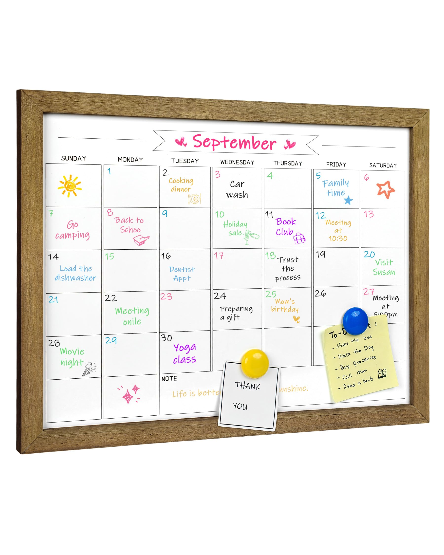 Dry Erase Monthly Calendar Whiteboard, Magnetic Surface White Board for Wall, Office/School/Home, Solid Pine Wood Rustic Brwon Frame Hanging Board & Planning Board, 13"x 17" (YL-RB-3343-B) โ image 1