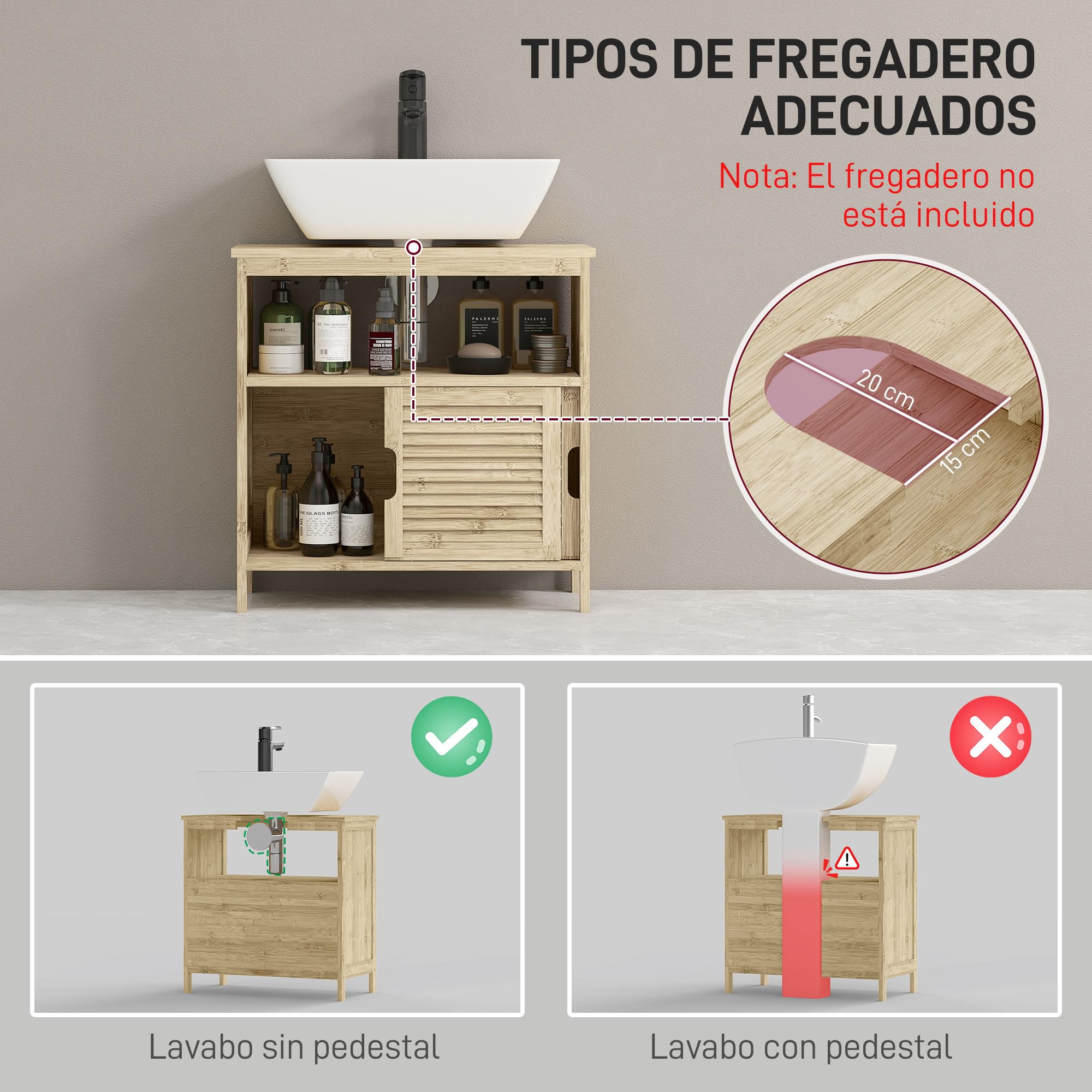 HOMCOM Mueble Bajo Lavabo de Bambú, Armario Debajo de Lavabo con Puertas Correderas de Lamas, Compartimento Abierto, Estilo Moderno, 60x30x60 cm, Natural