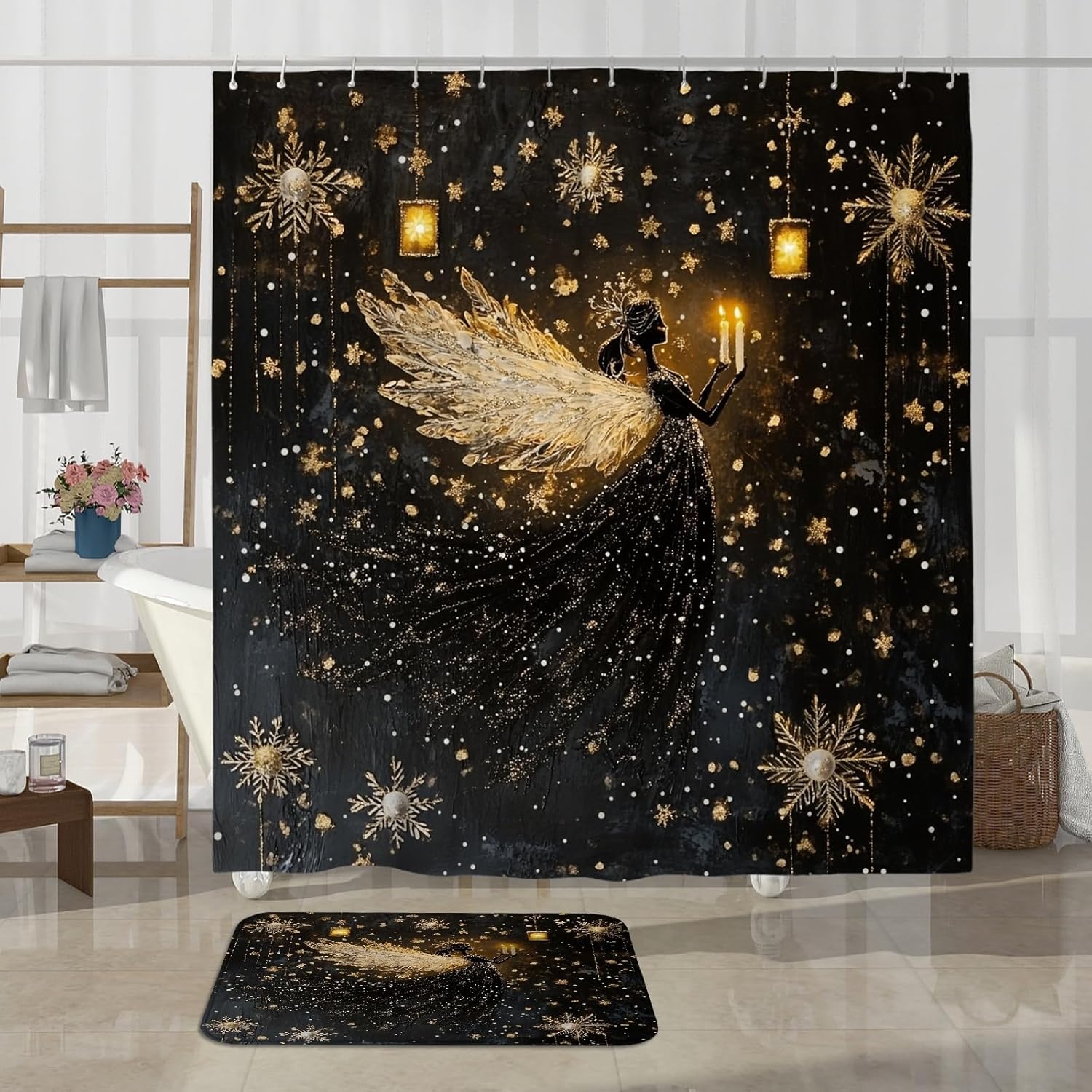4PCS Whimsical Christmas Angel Bathroom Sets with Non-Slip Rug, U Shape Toilet Lid Cover Mat, Magic Xmas Snowflakes Bathroom Decoration 72''x72''
