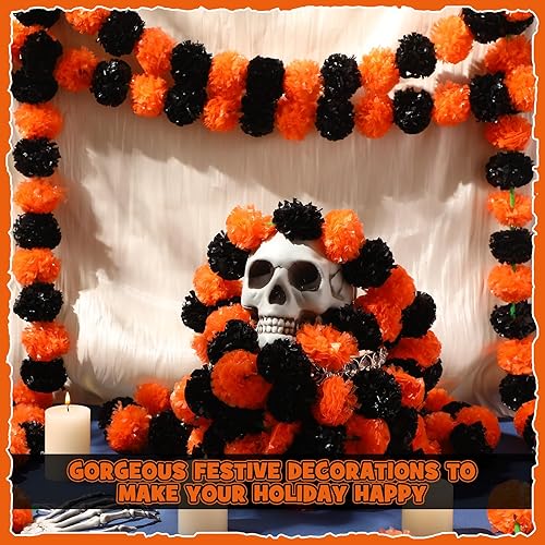 Miniatura 4 de Yunsailing Guirnalda de caléndula naranja de 5 pies para el Día de los Muertos, guirnalda de flores artificiales de caléndula para boda, decoración