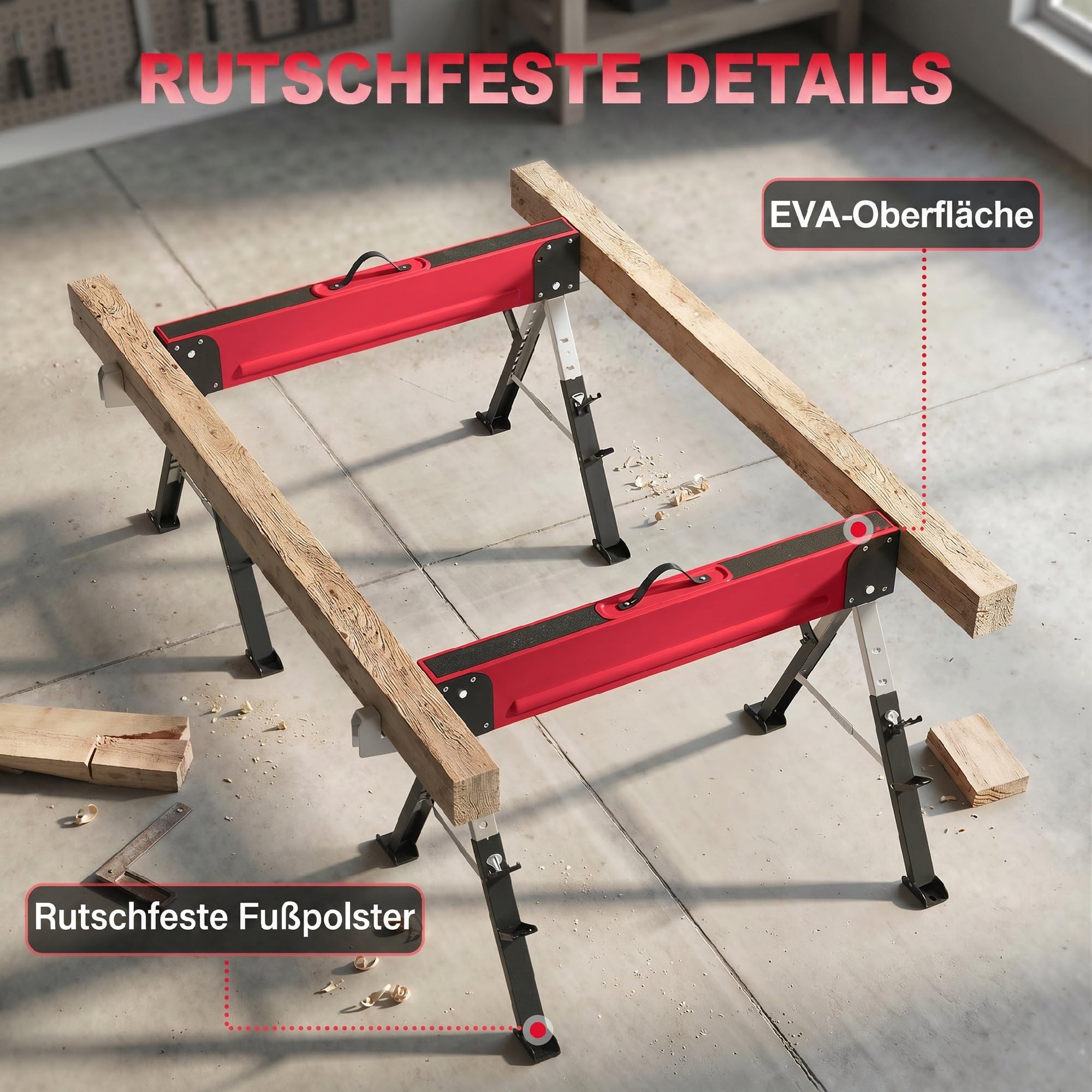 HOMCOM Arbeitsbock Gerüstbock 2er Set Höhenverstellbar 64-81 cm Rot | Belastbarkeit Bis 1160 kg, Klappbar, Sägebock, Metall, Unterstellbock Mit Griff, 7-Fach, Arbeitshöhe 640-810 mm
