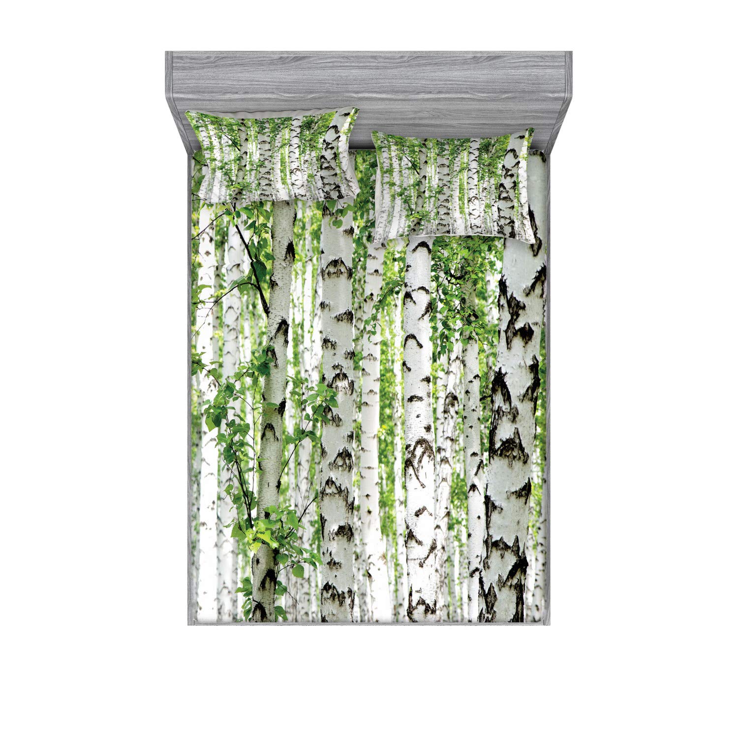 Ambesonne Woodland Fitted Sheet & Pillow Sham Set, Birch Trees in The Forest Summertime Wildlife Nature Outdoors Themed Picture, Decorative Printed 3 Piece Bedding Decor Set, Full, White Grey Green
