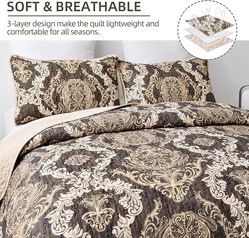 Miniatura 6 de Dobuyly Juego de edredón marrón tamaño King, juego de colcha de damasco bohemio de 3 piezas con 2 fundas de almohada, juego de ropa de cama de lujo