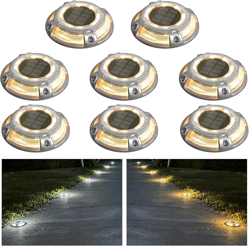 addlon 8 Pack Solar Driveway Dock Lights, 2 Color Modes, IP67 Waterproof | Warm Light & Cool White, Outdoor LED Deck Marine Driveway Marker Lights for Step, Sidewalk, Stair, Pathway, Walkway