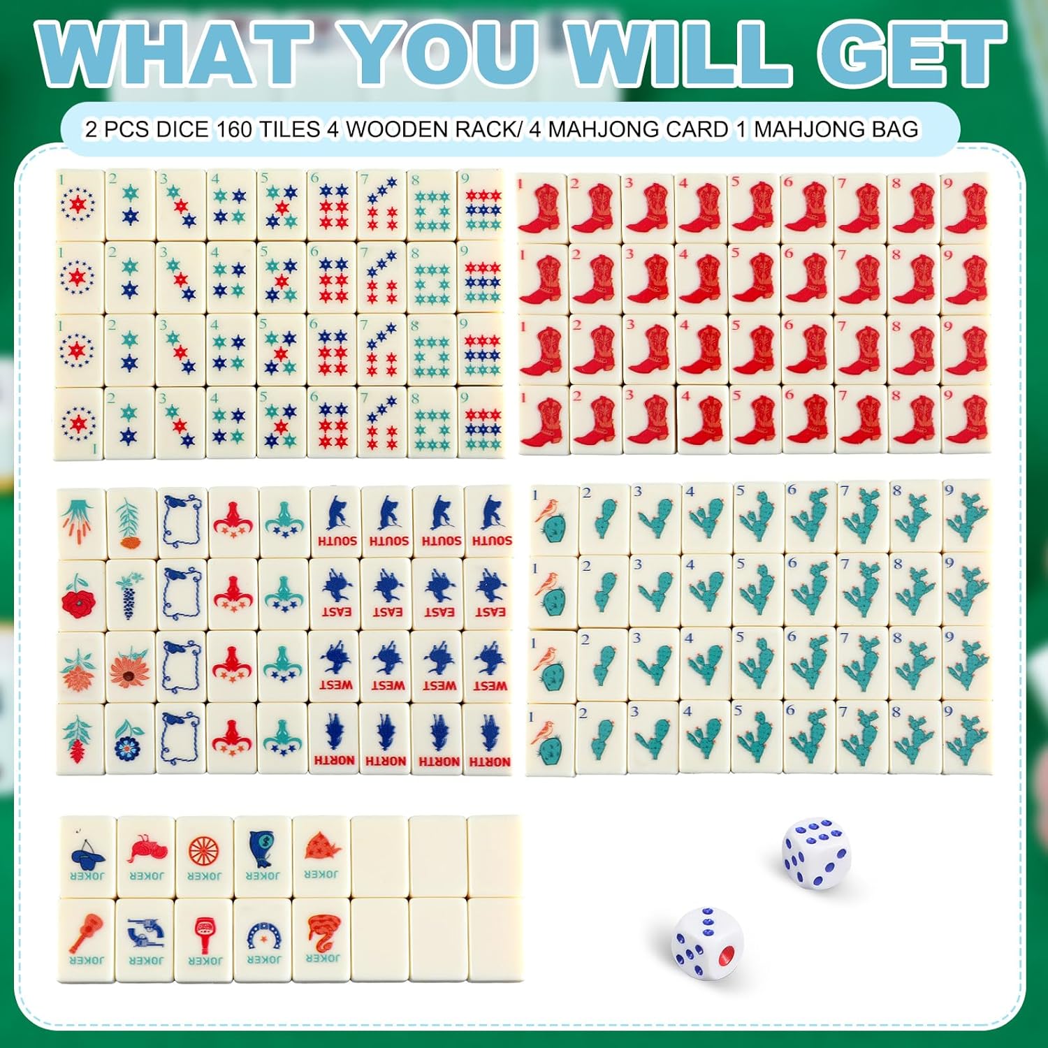 Soulchen Mini American Mahjong Tile Set Include 160 0.8 Inch Mahjong Tiles 2 Dice 4 Wooden Rulers 1 Accessory Bag 4 Beginner Rule Cards(Cowboy)