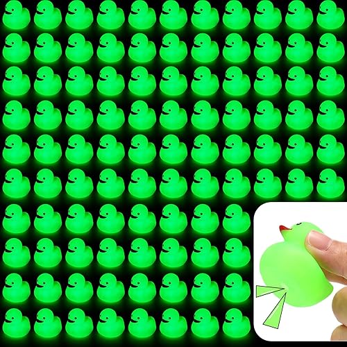 100 patos de goma que brillan en la oscuridad de 1.5 pulgadas, mini pato de goma luminoso chirriante flotante iluminado, juguetes para bañera, mini