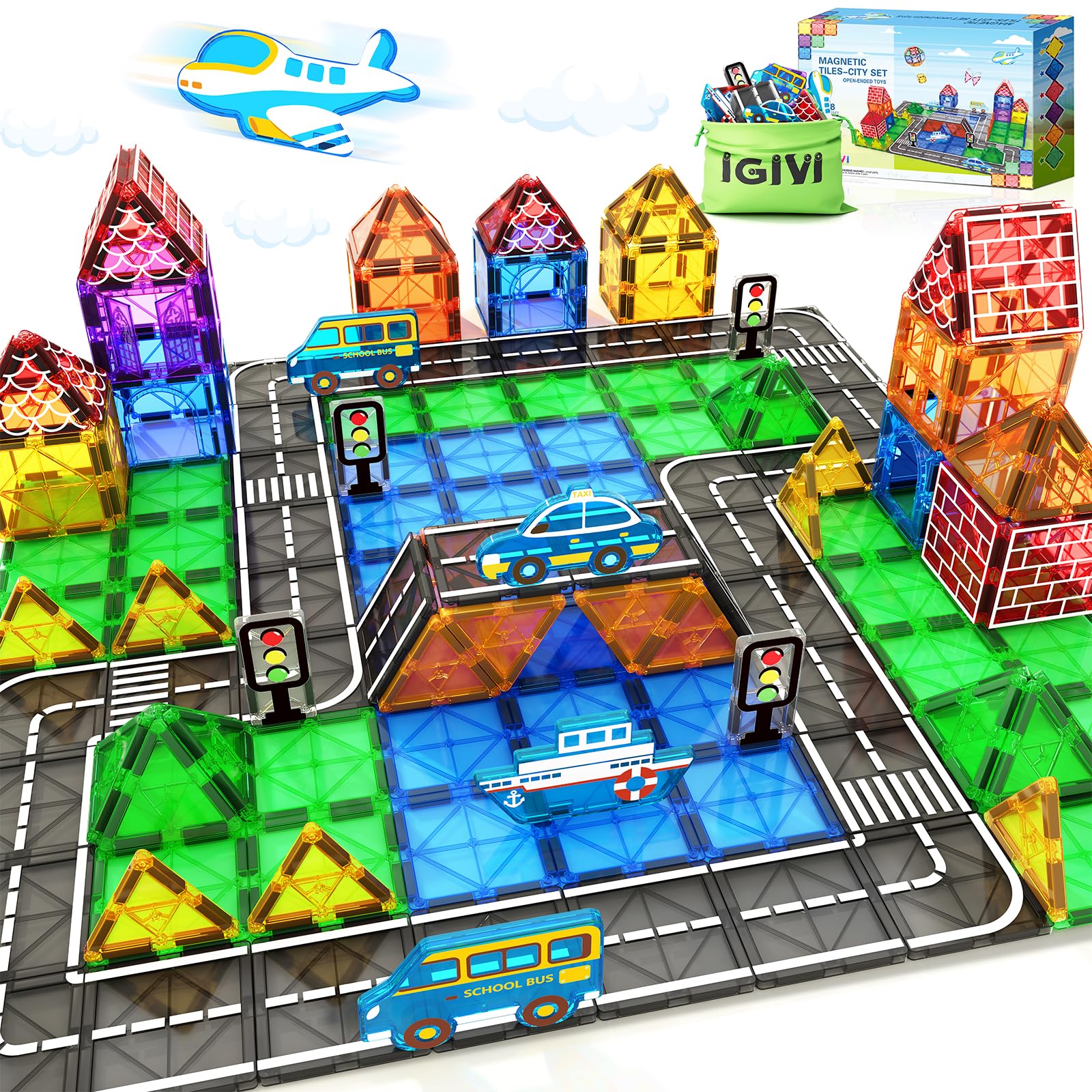 IGIVI Magnetic Tiles - Road Set with Car Toys for 3+ Year Old Boys & Girls, Magnet Building Blocks Expansion Pack, STEM Construction Toys for Kids Ages 4-8, Christmas Birthday Gifts for Toddlers