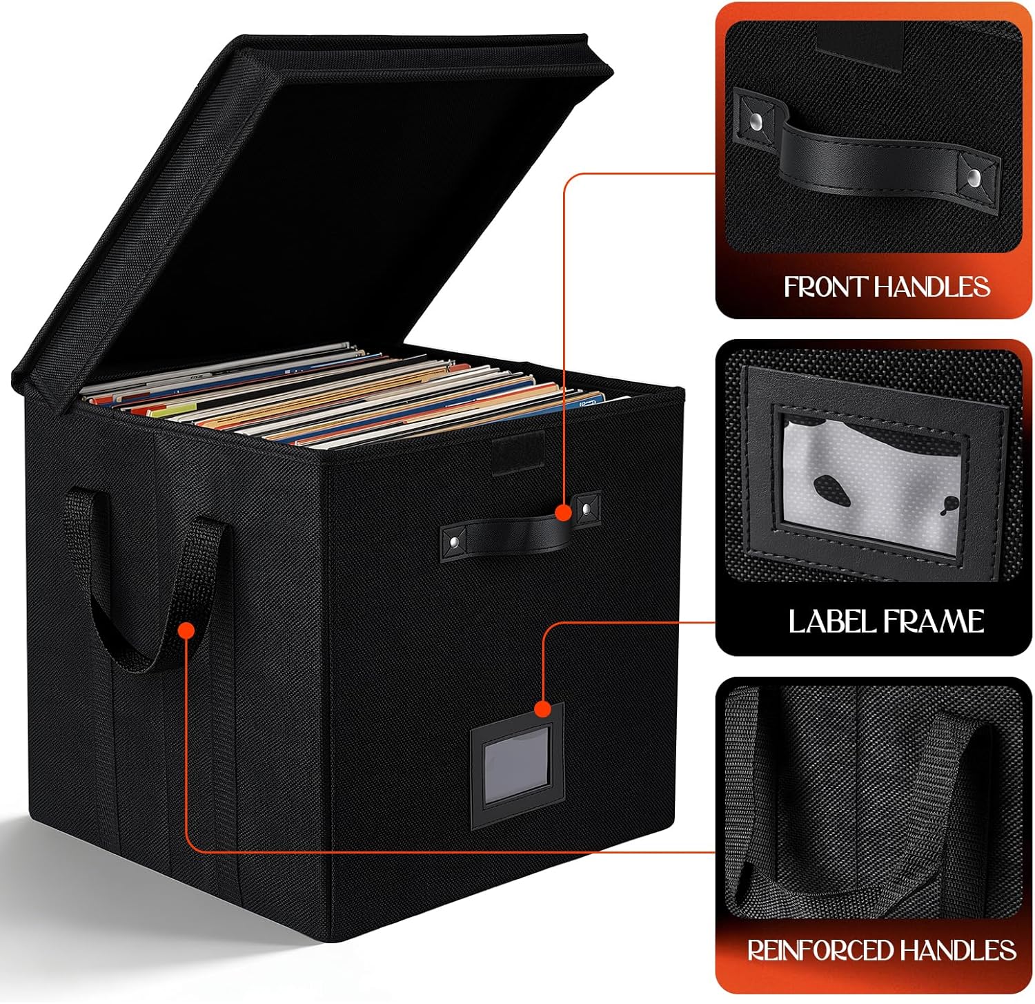 Vinyl Record Storage Box, 13 Inch Linen Fabric Organizer with Lid, Collapsible Cube Crate Bin Holds 120+ LP Albums, Record Album Storage for 12 Inch Vinyl Records, 2 Pack
