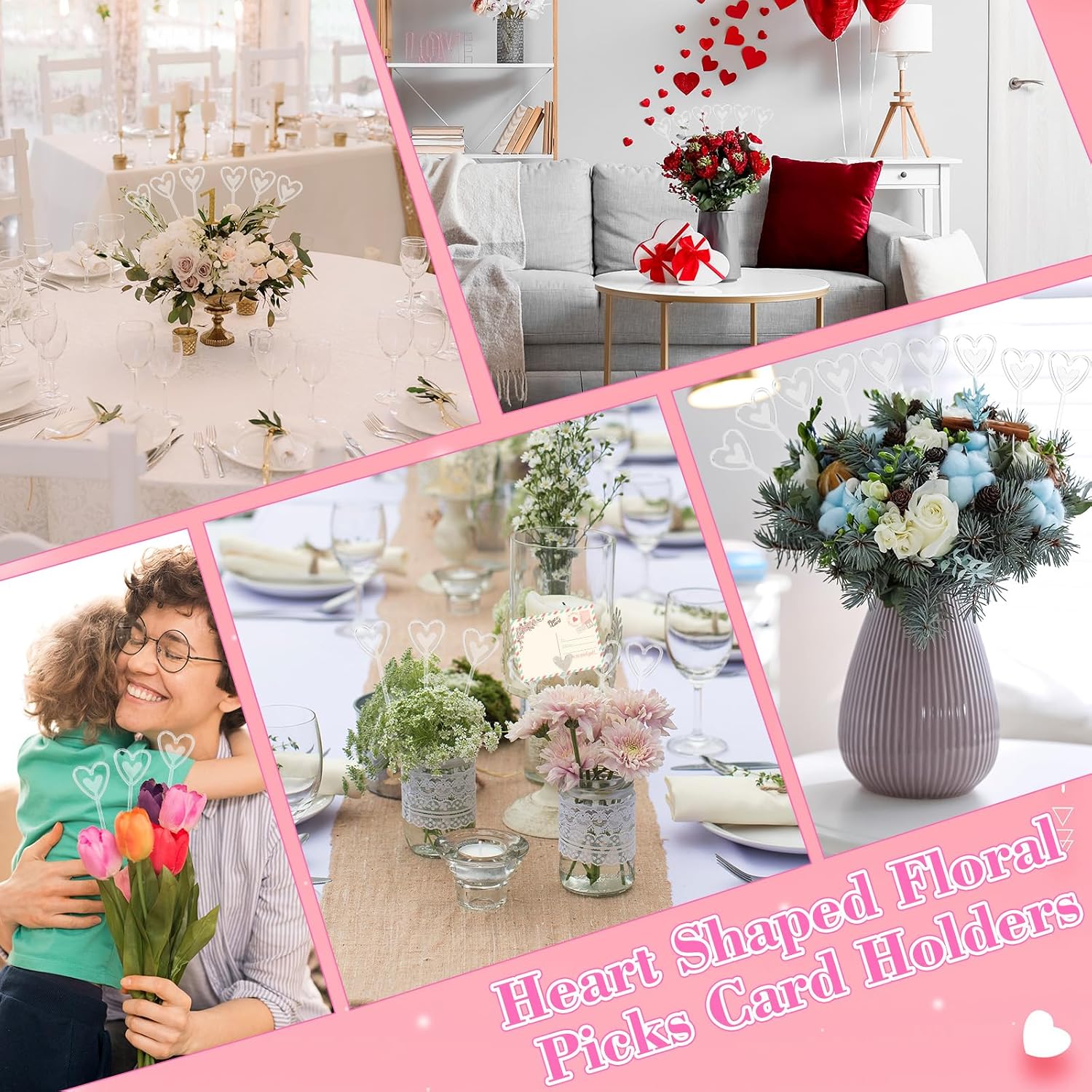 200 Pcs 9 Inch Floral Pick Card Holders - Clear Heart Plastic Flower Card Holder Clips for Floral Bouquet Arrangement Wedding Valentines Party,Wedding, Birthday Parties, Events Decorations (Clear)