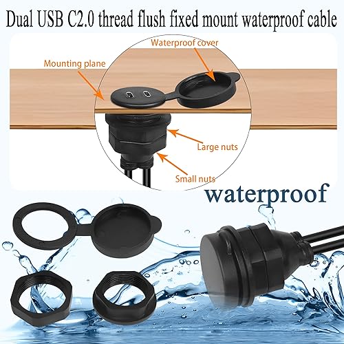 Miniatura 4 de QIANRENON 2 USB C roscado montaje empotrado cable impermeable doble USB C 2.0 macho a hembra montaje en tablero de coche cable de extensión para