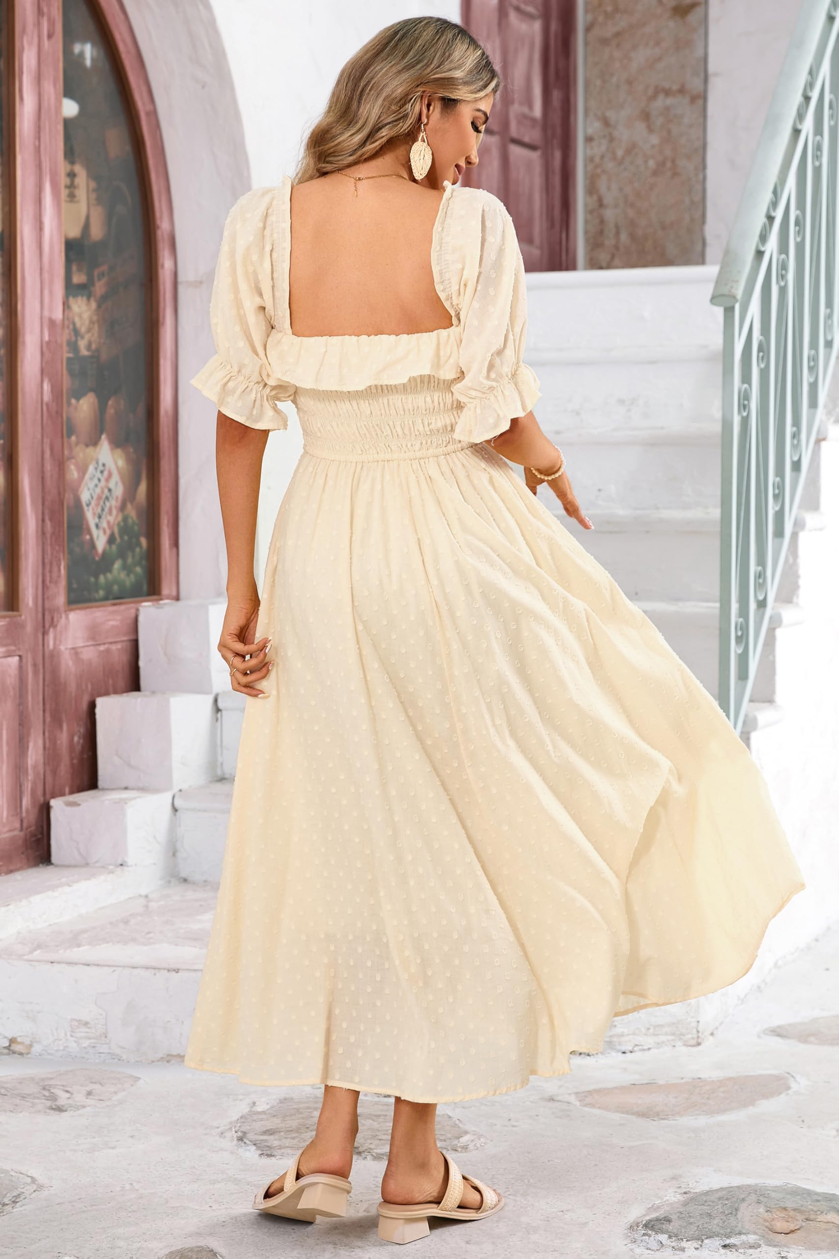 R.Vivimos Donne Abito Casual Bohémien Mezza Manica Scollo Quadrato Vestito Lungo Midi Elegante da Spiaggia