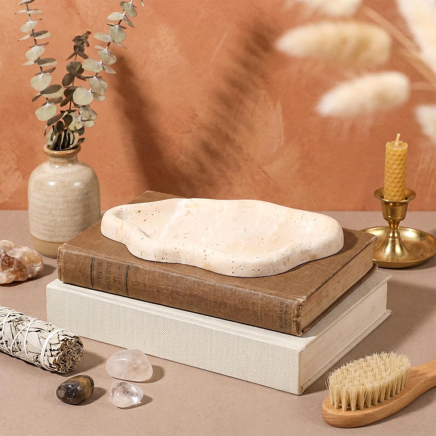 Natural Travertine Jewelry Dish, 7.6 x 5.3 x 0.6 Inch Cloud Shape Travertine Jewelry Tray Multipurpose Trinket Tray for Rings, Earrings, Bracelets, Hair Clips, Keys, Home Decor