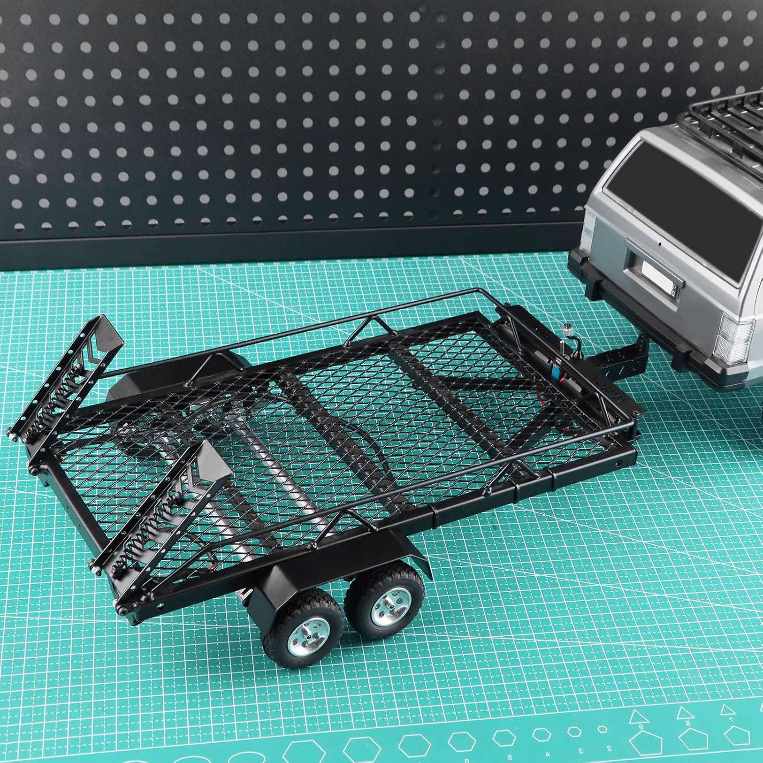 1/18 1/24 RC Trailer for RC Car, Metal Dual-Axle Flatbed RC Trailer with LED Taillight & Hook Hitch, Compatible with TRX4M FCX18 Ascent-18 SCX24 FCX24 RC Scale Hauling Crawler Upgrades