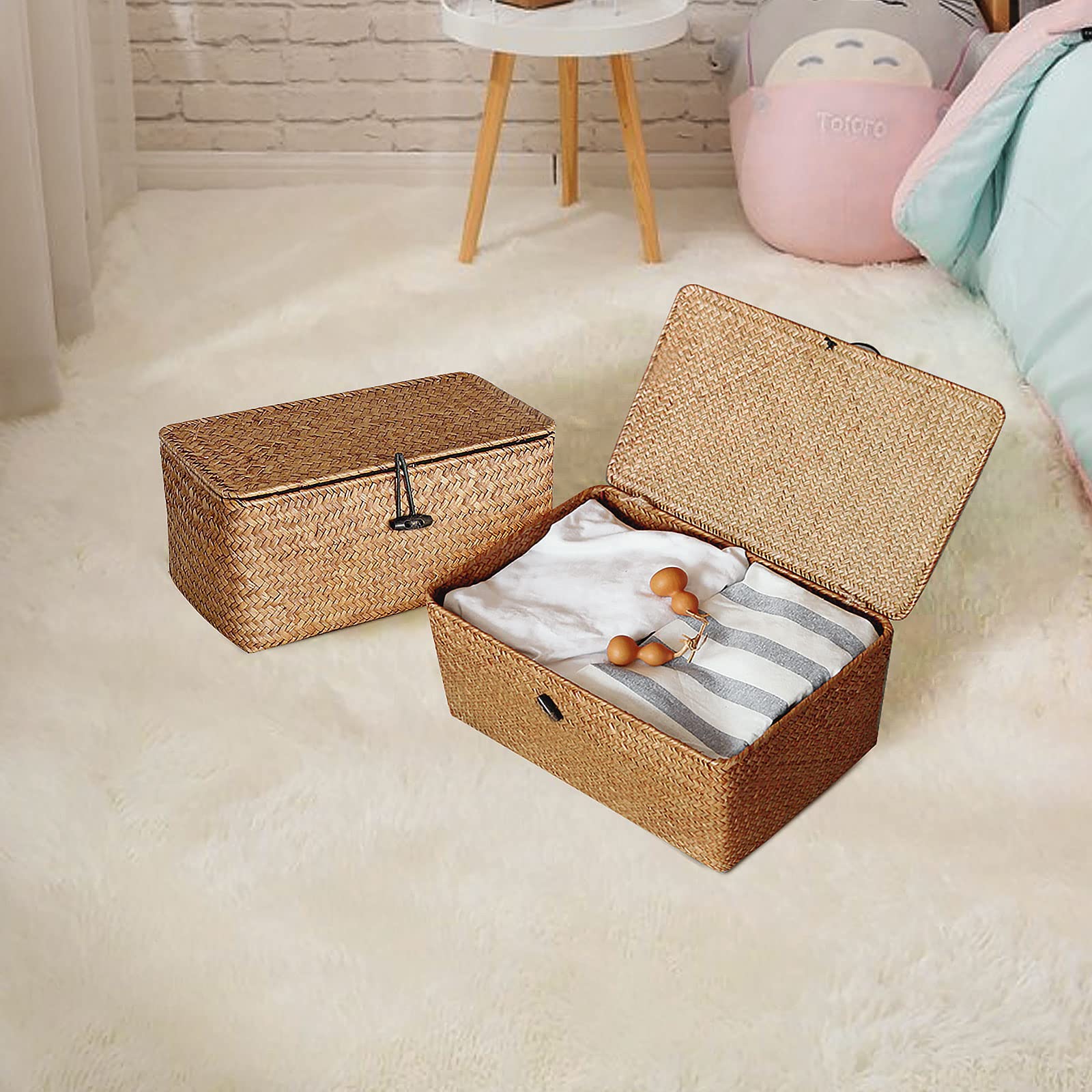 Panier En Rotin Avec Couvercle 26x26x9 Cm - Rangement Déco Naturel Pour Salon, Salle De Bain Ou Chambre