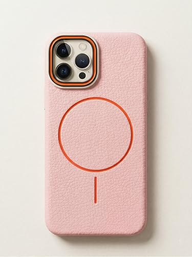 amazon basics Luxury MagSafe Compatible Leather Texture Back Cover for iPhone 14 Pro Max | Raised Camera Protection | Slim Fit Shockproof Case with Metallic Accents (Pink)