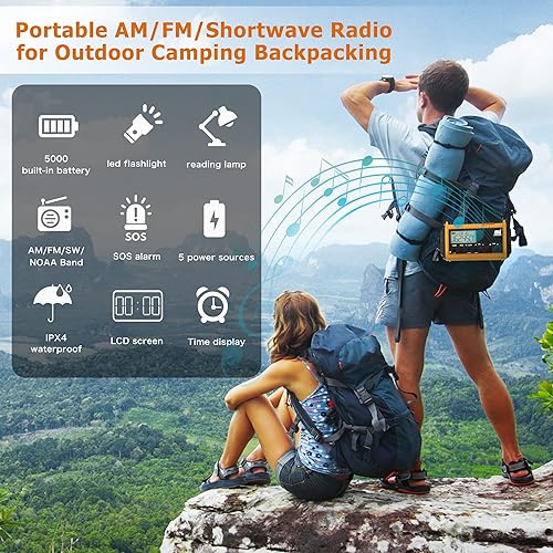 Miniatura 51 de Radio meteorológica de emergencia, manivela solar, funciona con pilas, radio de onda corta AM FM portátil con alerta NOAA, linterna, lámpara