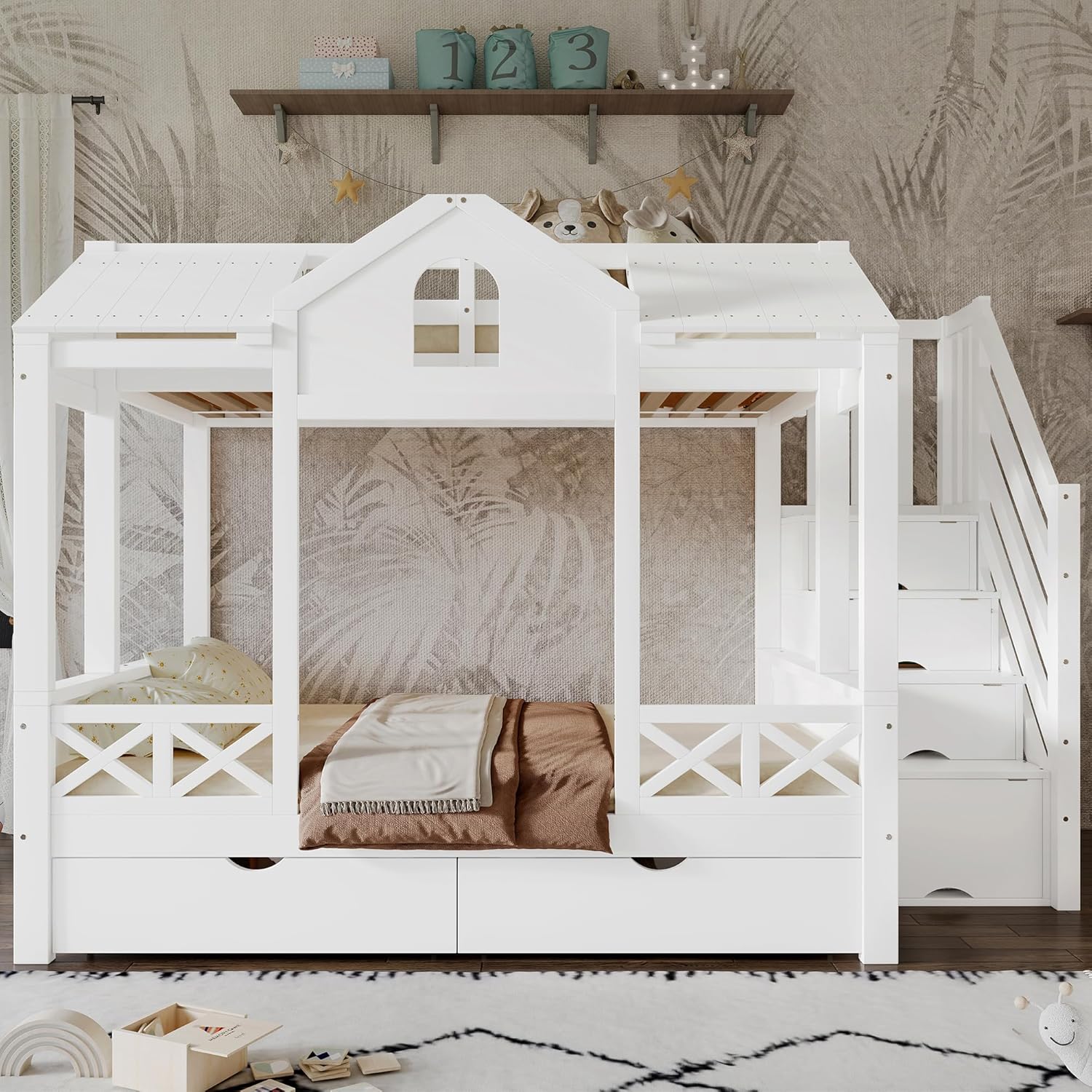 Front view of the ModernLuxe Bunk Bed, showcasing its house-like roof, window detail, and closed rolling drawers.