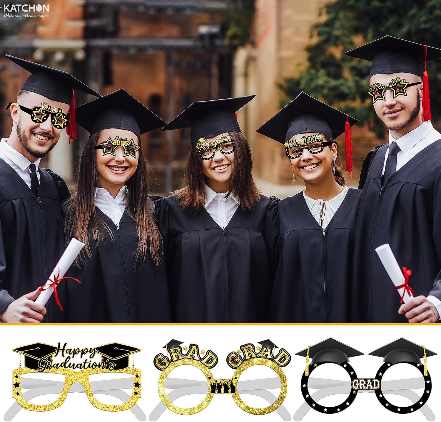 KatchOn, Glitter Graduation Glasses 2026 - Pack of 12 | Graduation Photo Booth Props 2026 for Graduation Decorations Class of 2026 | Graduation Party Glasses for 2026 Graduation Party Decorations