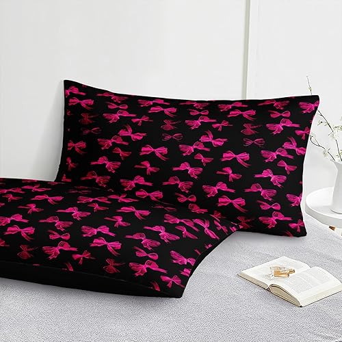 Miniatura 8 de Merryword Juego de edredón con lazo rosa intenso, tamaño King, 4 piezas, pajarita princesa, ropa de cama color negro, edredón de cama