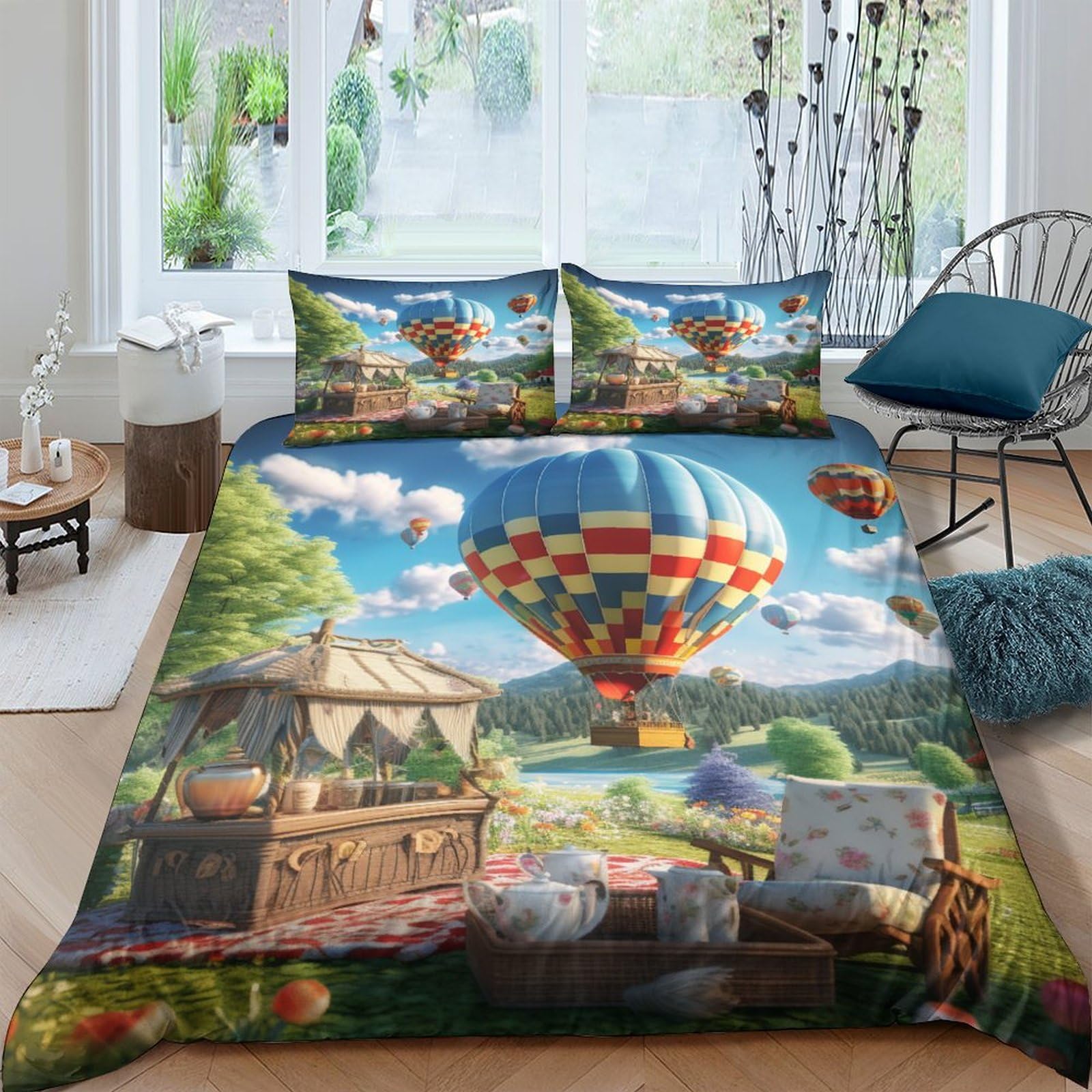 Housse de couette montgolfière pour lit double avec 2 taies d'oreiller 200x200 cm