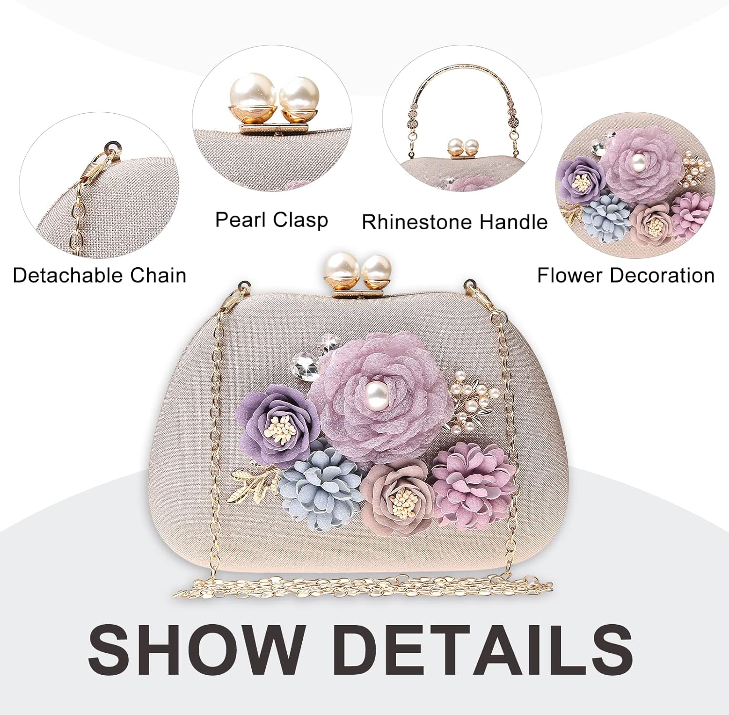 Evening HandBags for Women Flower Wedding Clutch Purse Satin Floral Ladies Party Crossbody Bag - Image 6