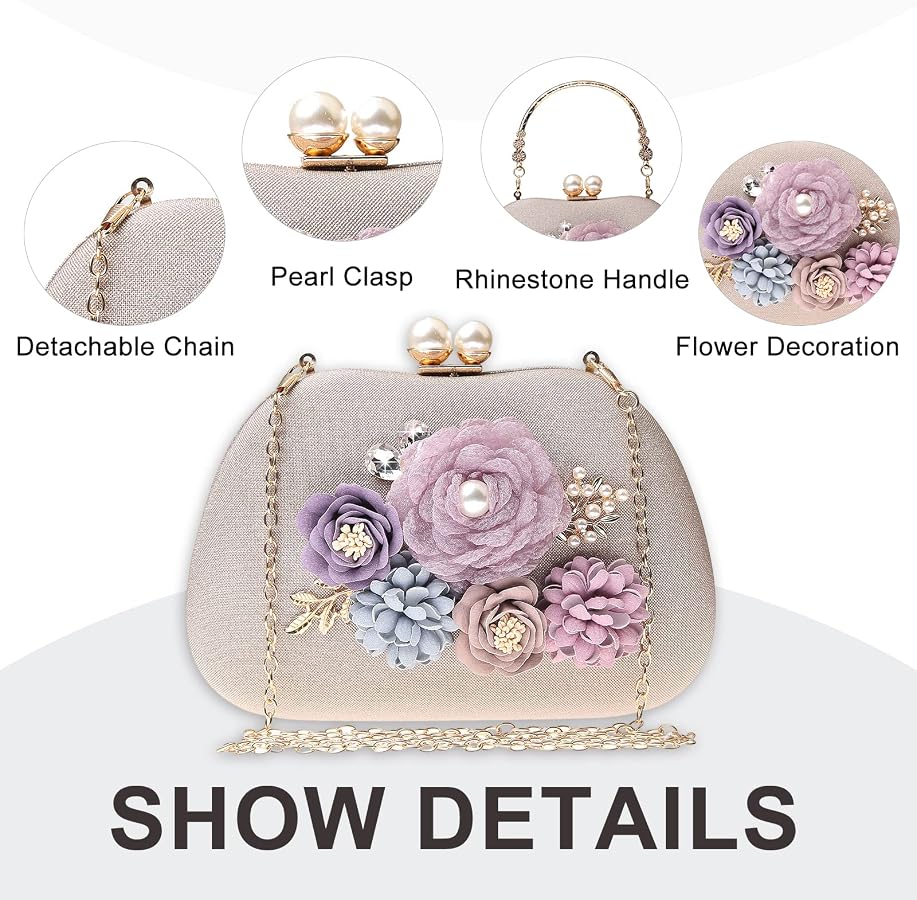Weduspaty Sac De Soirée Élégant Fleur Satin Avec Chaîne - Fermoir Verrou