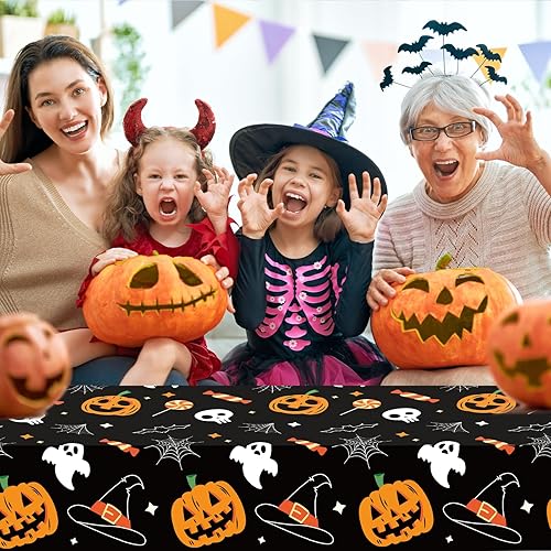Miniatura 6 de Paquete de 4 manteles rectangulares de plástico con diseño de fantasma y calabaza de Halloween, 54 x 108 pulgadas, manteles de mesa de Halloween