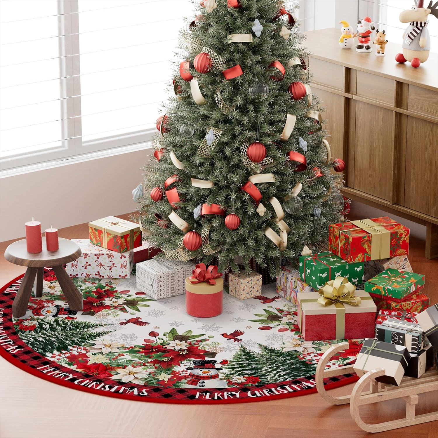 Condition photo showing New/Like New for xchi merry christmas cross poinsettias snowman christmas tree skirt party decorations for home xmas holiday winter indoor decro 48 inch 48x48 inch