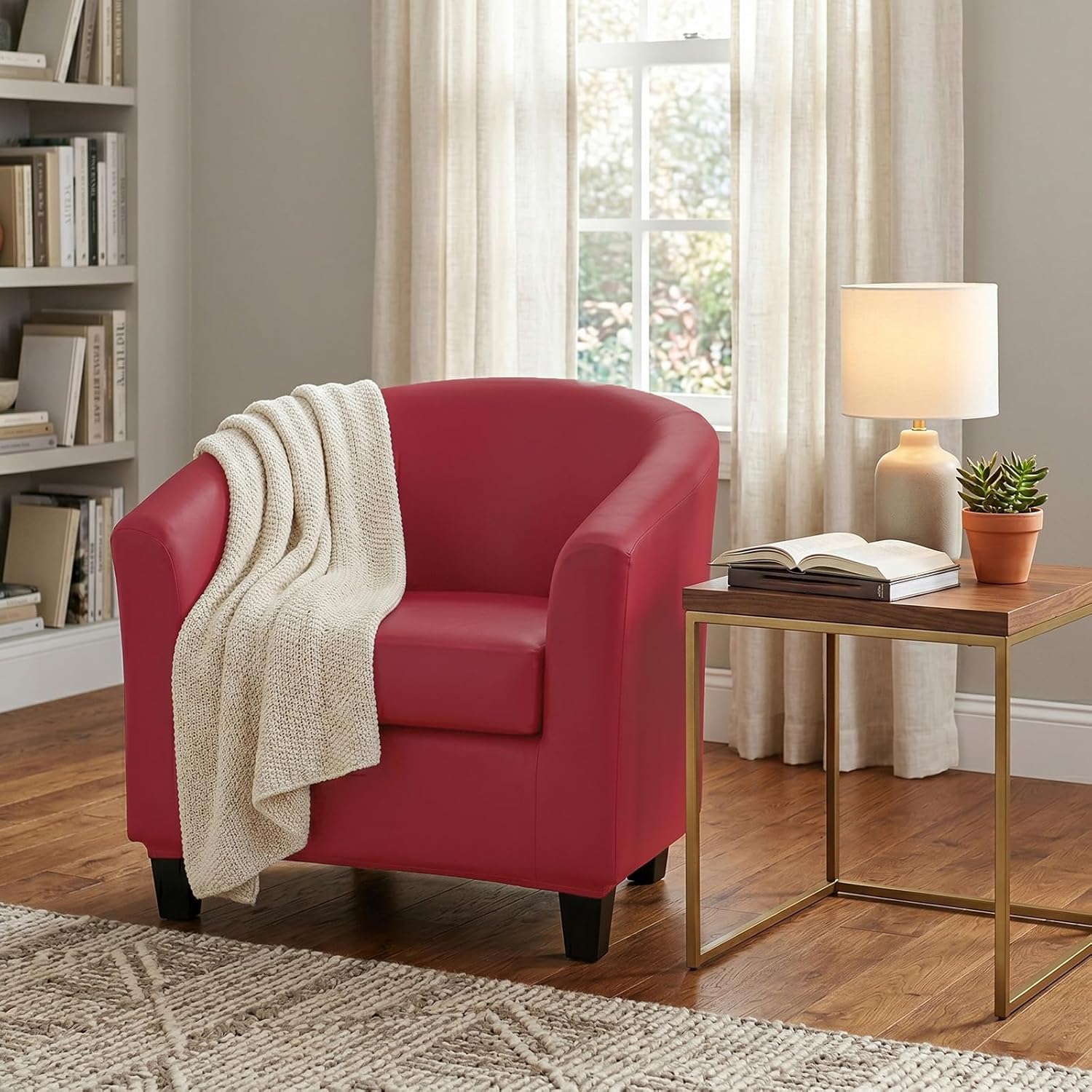 Waterproof Club Chair Slipcover, 2 Piece PU Leather Barrel Chair Covers Non Slip Armchair Cover Removable Tub Chair Slipcover for Hotel Reception-Wine Red-2 Piece
