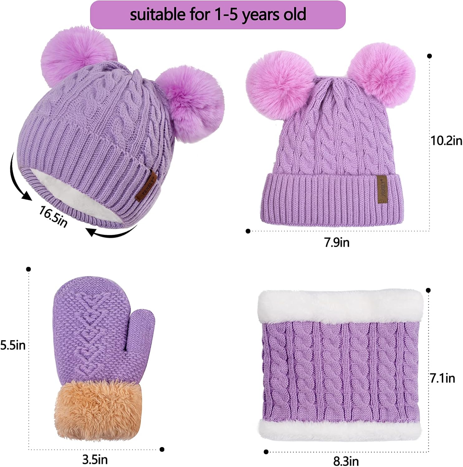 Kids Winter Beanie Scarf Gloves Set with 2 Pompom - Thermal Thick Fleece Lined Hat, Neck Warmer & Mittens for 1-10 Boys Girls