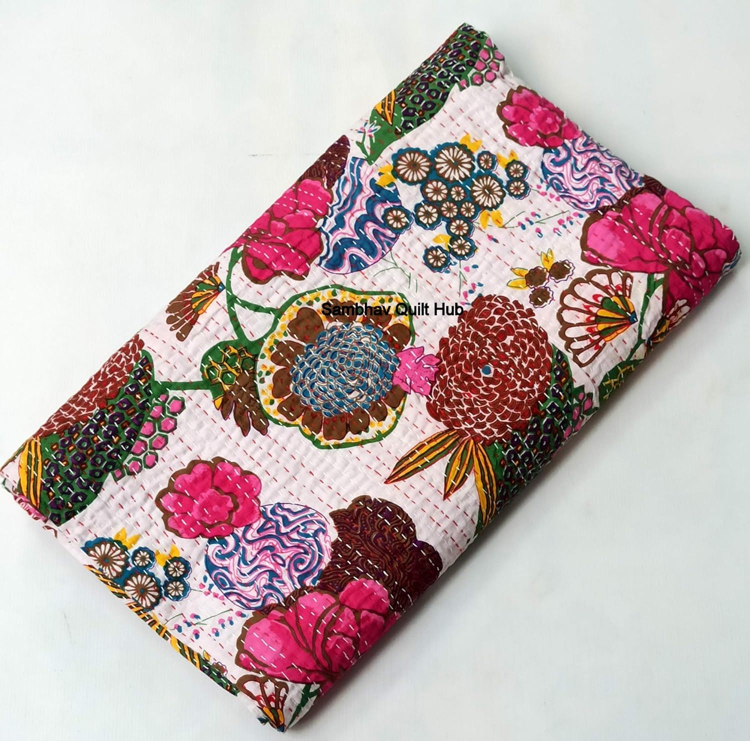 White Fruit Kantha with 2 Pillow Cover Vintage Ethnic Cotton Fruit Kantha Quilt Coverlet Bedspread Patchwork Stitch Blanket Twin/Queen/California King Size (60X90 inch)