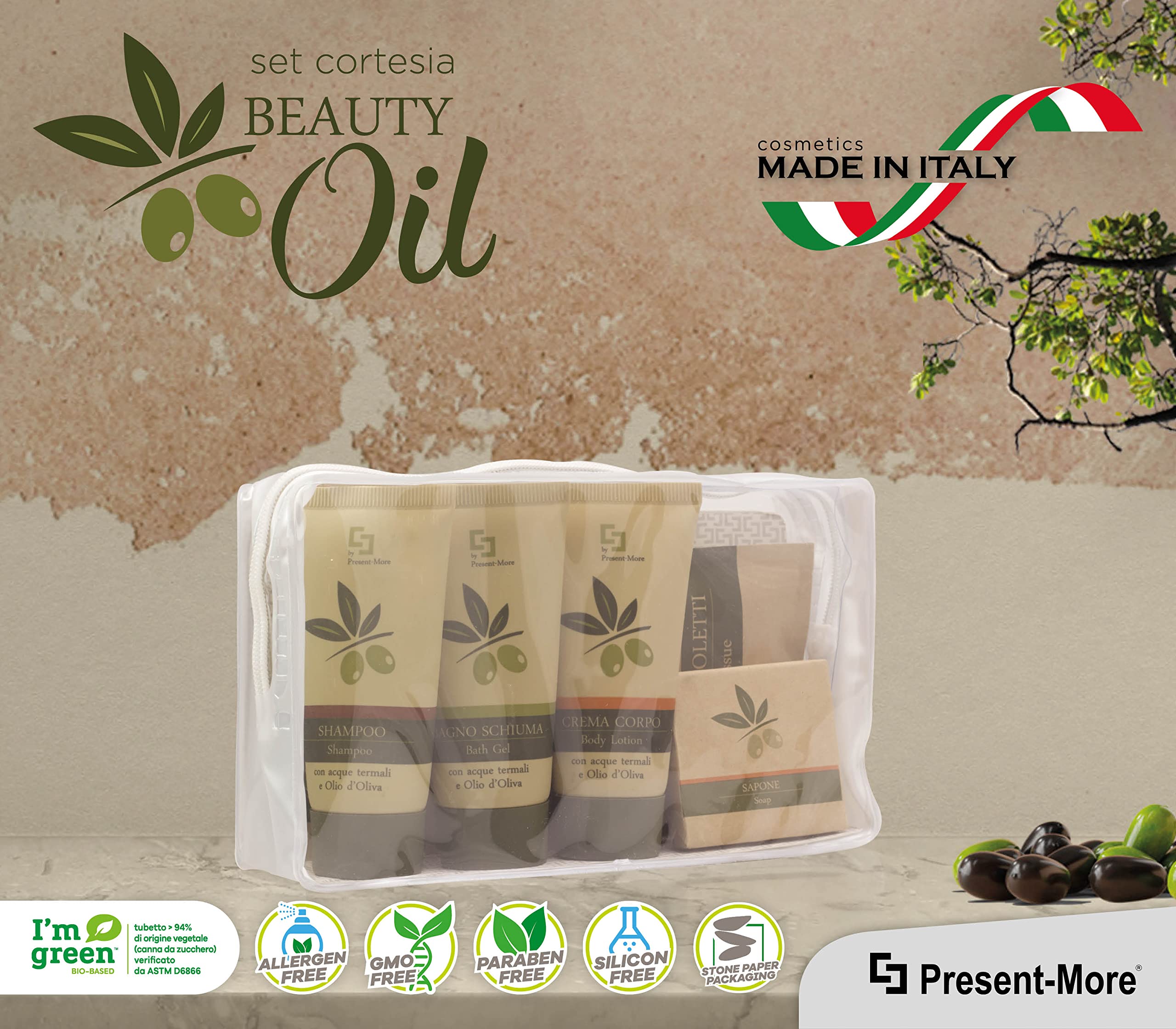 PRESENT-MORE - Set Cortesia 12 Ospiti Beauty Oil - Fragranza Tahitian - Contiene: Shampoo, Gel Doccia, Crema, Sapone e Accessori - Made in Italy - Per Hotel e B&B