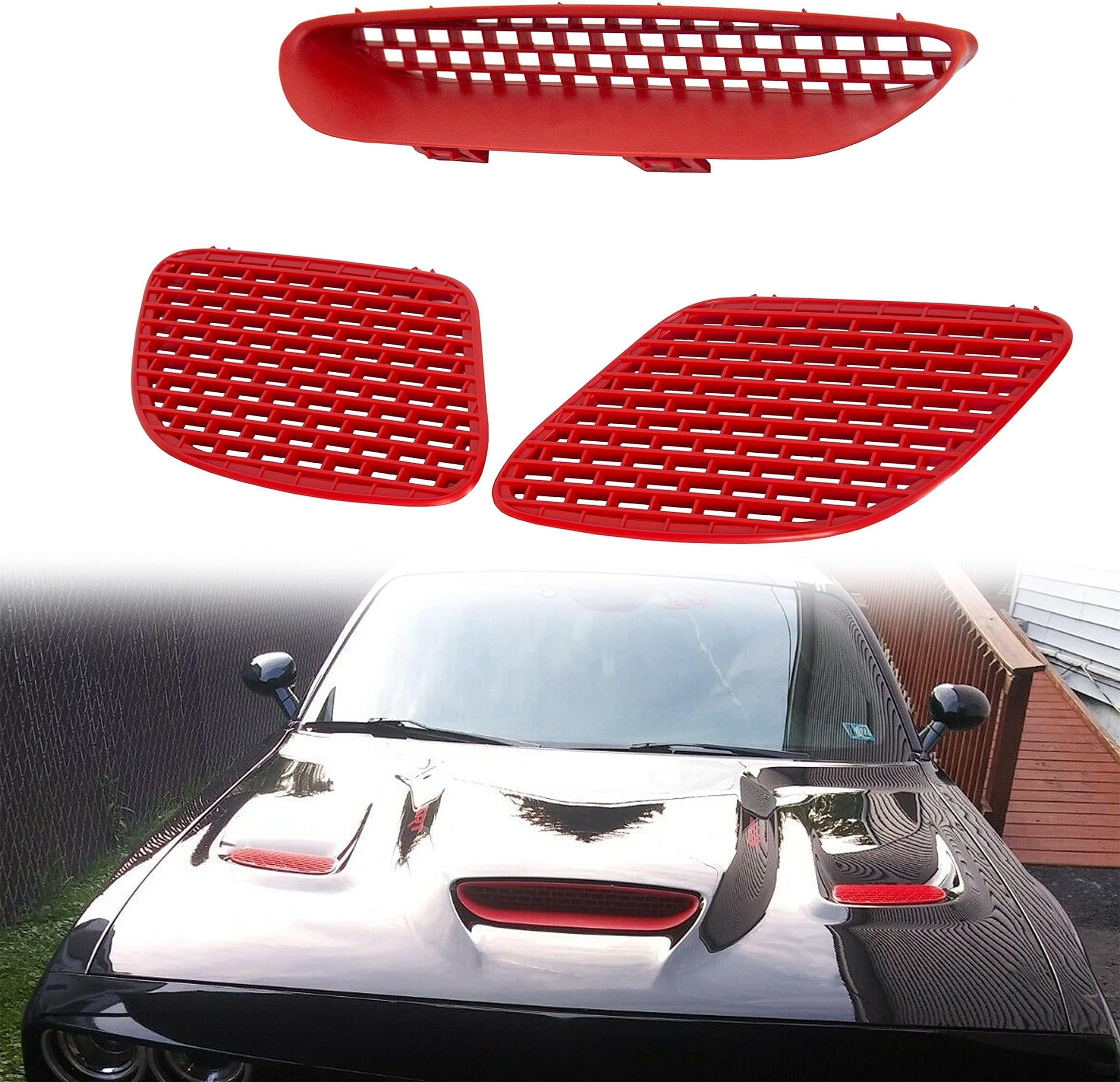 Hood Scoop Vent Compatible with 2015-2018 Dodge Challenger SRT Hellcat & 2019-2023 R/T Scat Pack Replace for 68184348AD, 68184348AB, 68184348AF, 68184352AB, 68184353AB Red Hood Bezel Grill