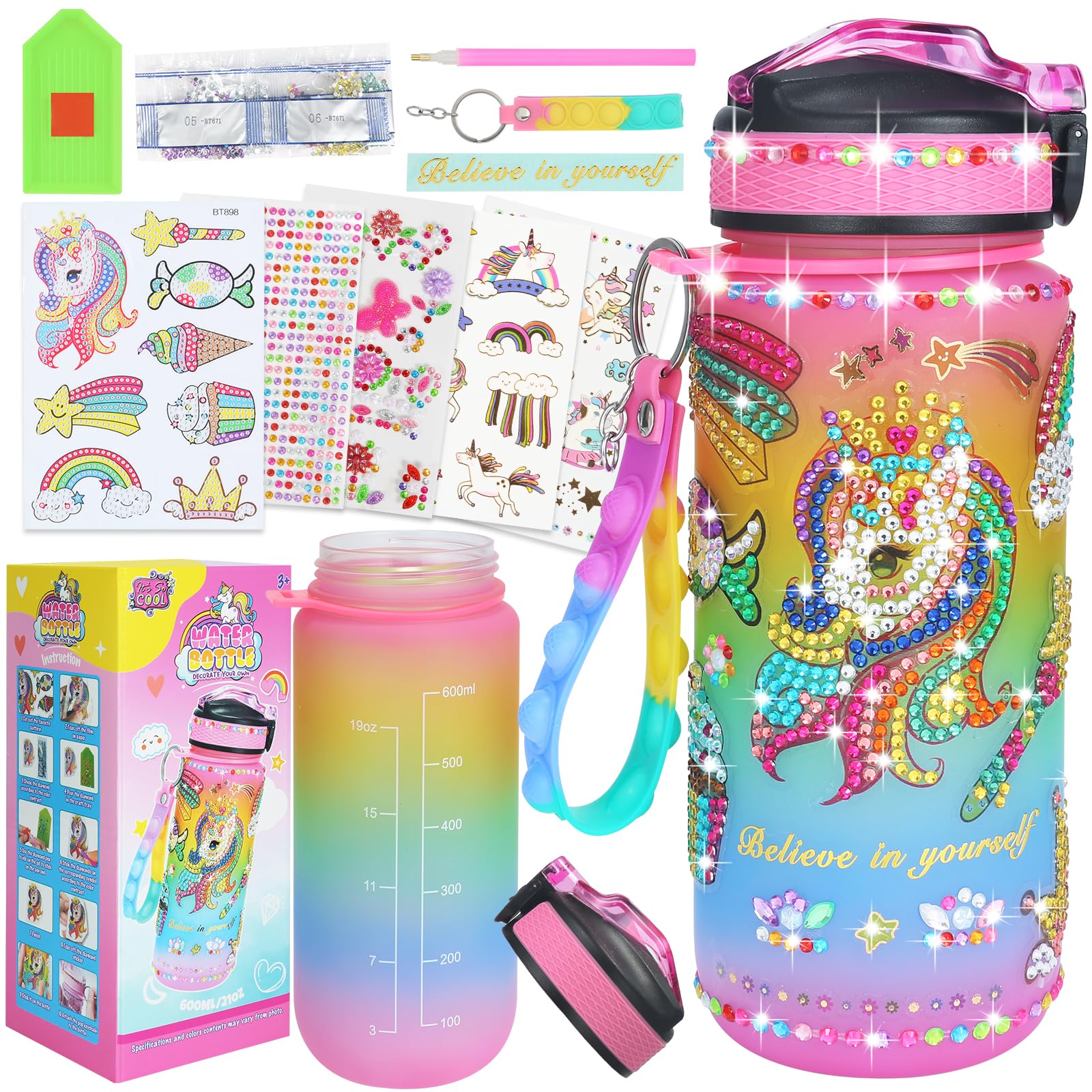 Water Bottle DIY Art Kit for Girls 4-12, Unicorn Theme Diamond Painting Craft Set, Fun and Educational Gifts Toys Idea for Children 4-12 Years Old