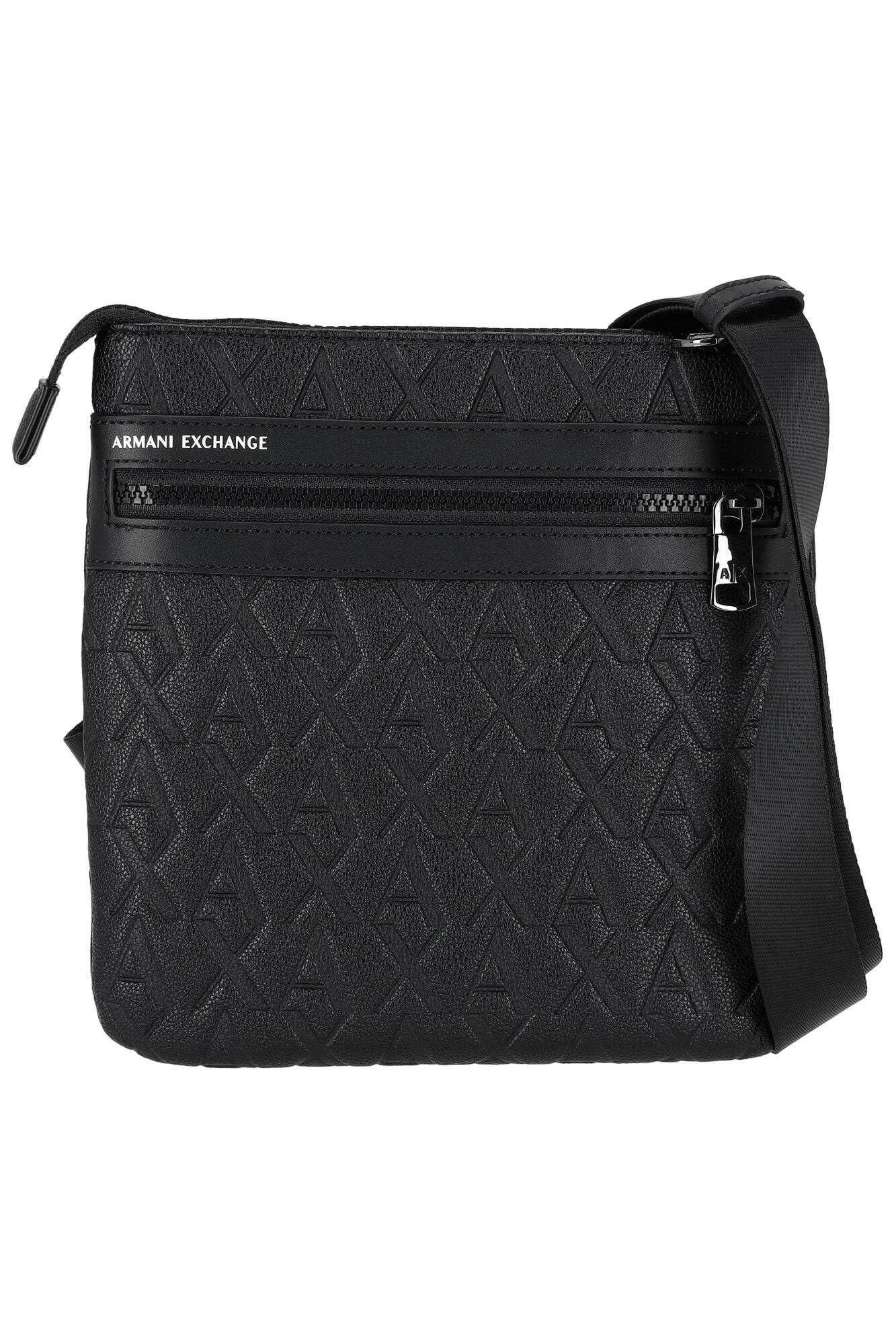 Armani Exchange Herren Schwarz Men's Double Pocket Embossed Monogram Texture Crossbody, Black, One Size