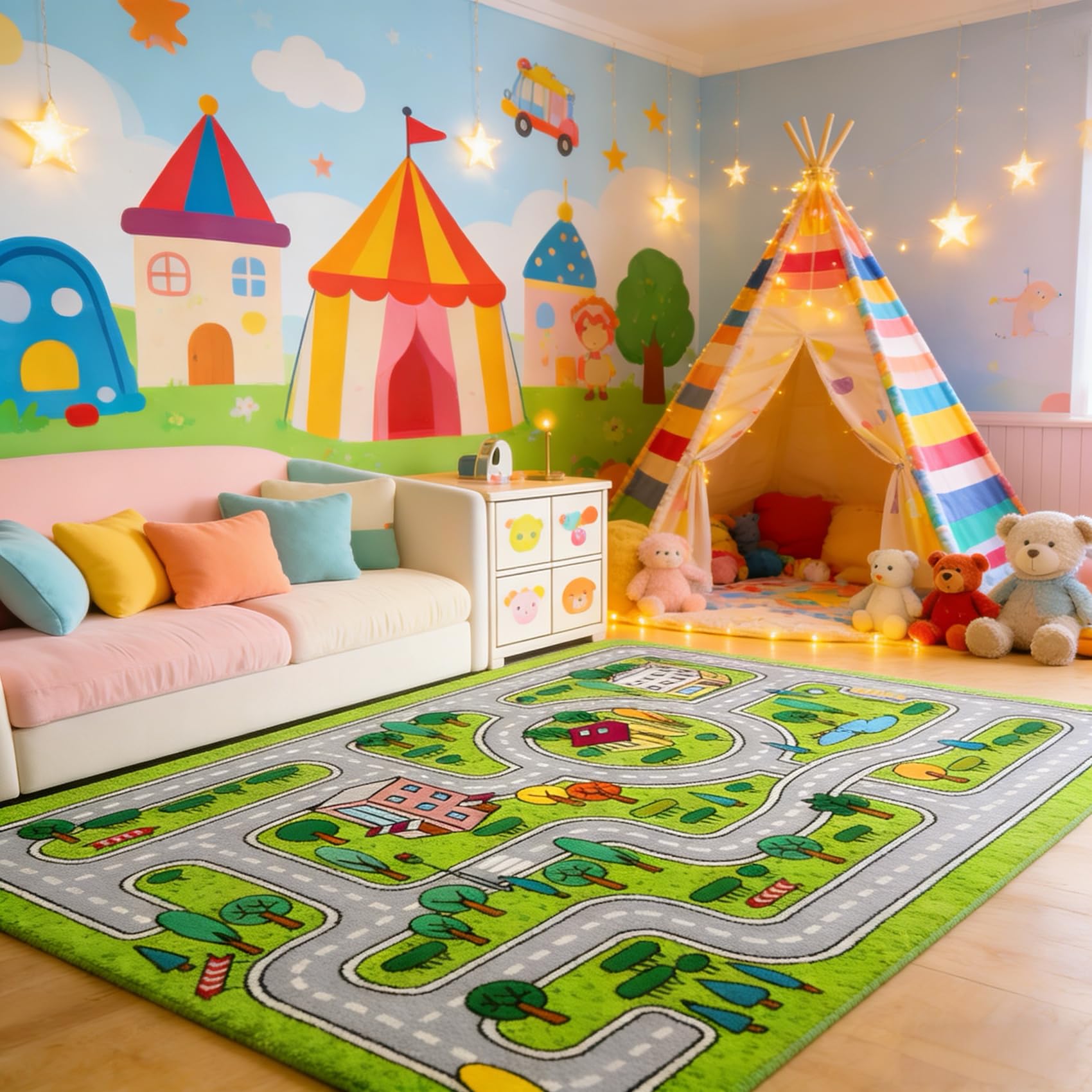 Kinder Teppich Spielteppich Straßen Maschinenwaschbar Kurzer Flor Pädagogischer Spielteppich， Rutschfest Autoteppich Junge Mädchen für Schlafzimmer & Spielzimme（80x150 cm） (Grün, 100*160cm)