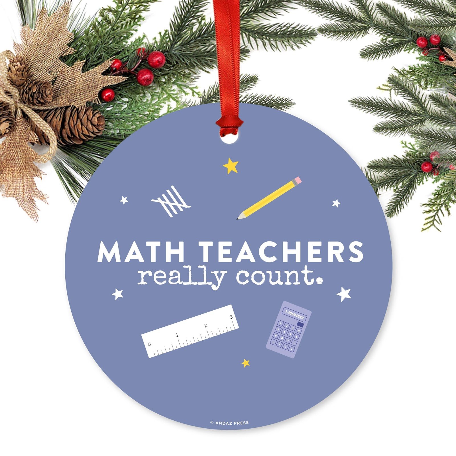 Andaz Press Teacher's Round Metal Christmas Ornament, Math Teachers Really Count, 1-Pack, Includes Ribbon and Gift Bag