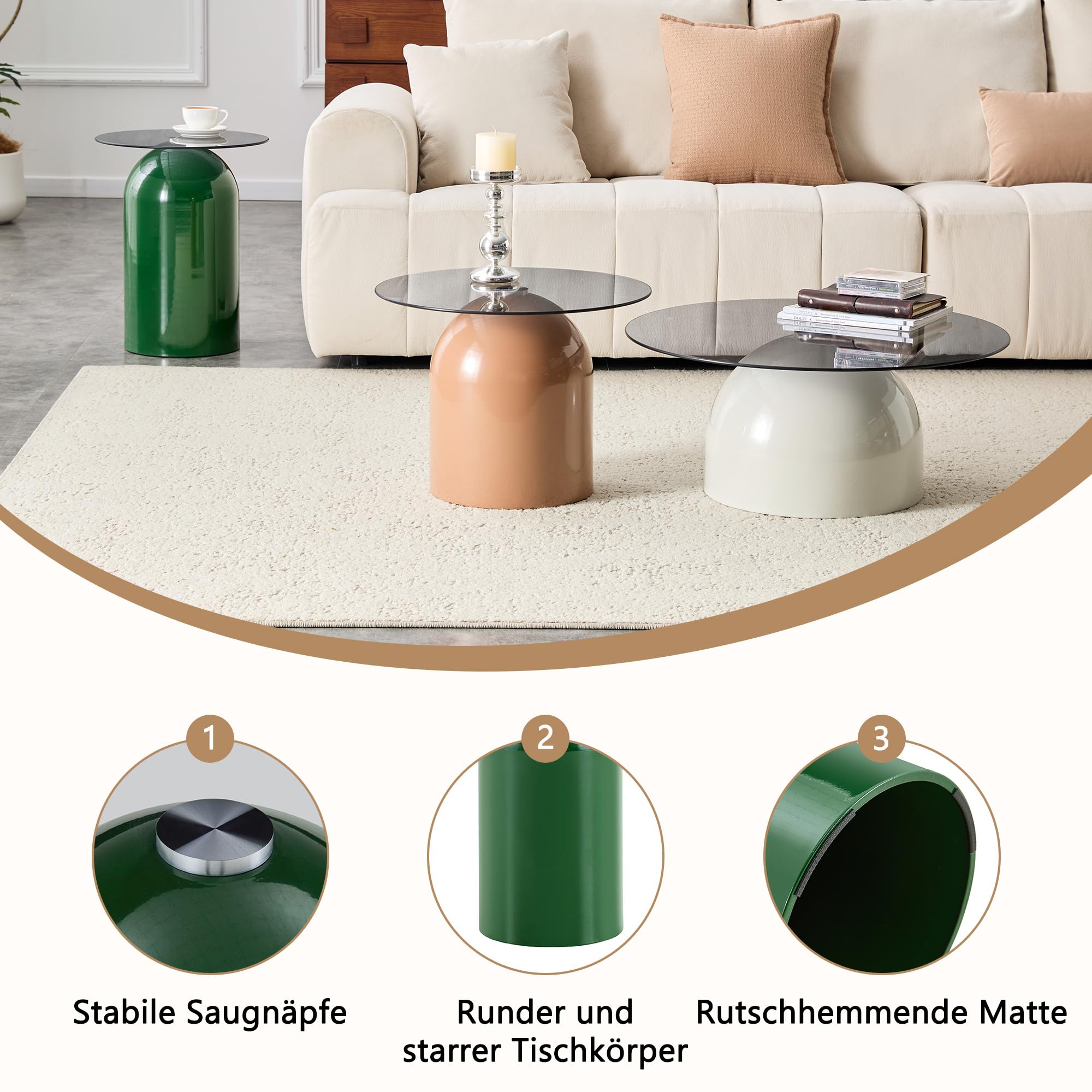 Mesa de centro redonda de 70 cm, mesa de cristal con cristal de seguridad y marco de acero al carbono, mesa de sofá moderna para sala de estar, salón, oficina y cafetería (gris, C)
