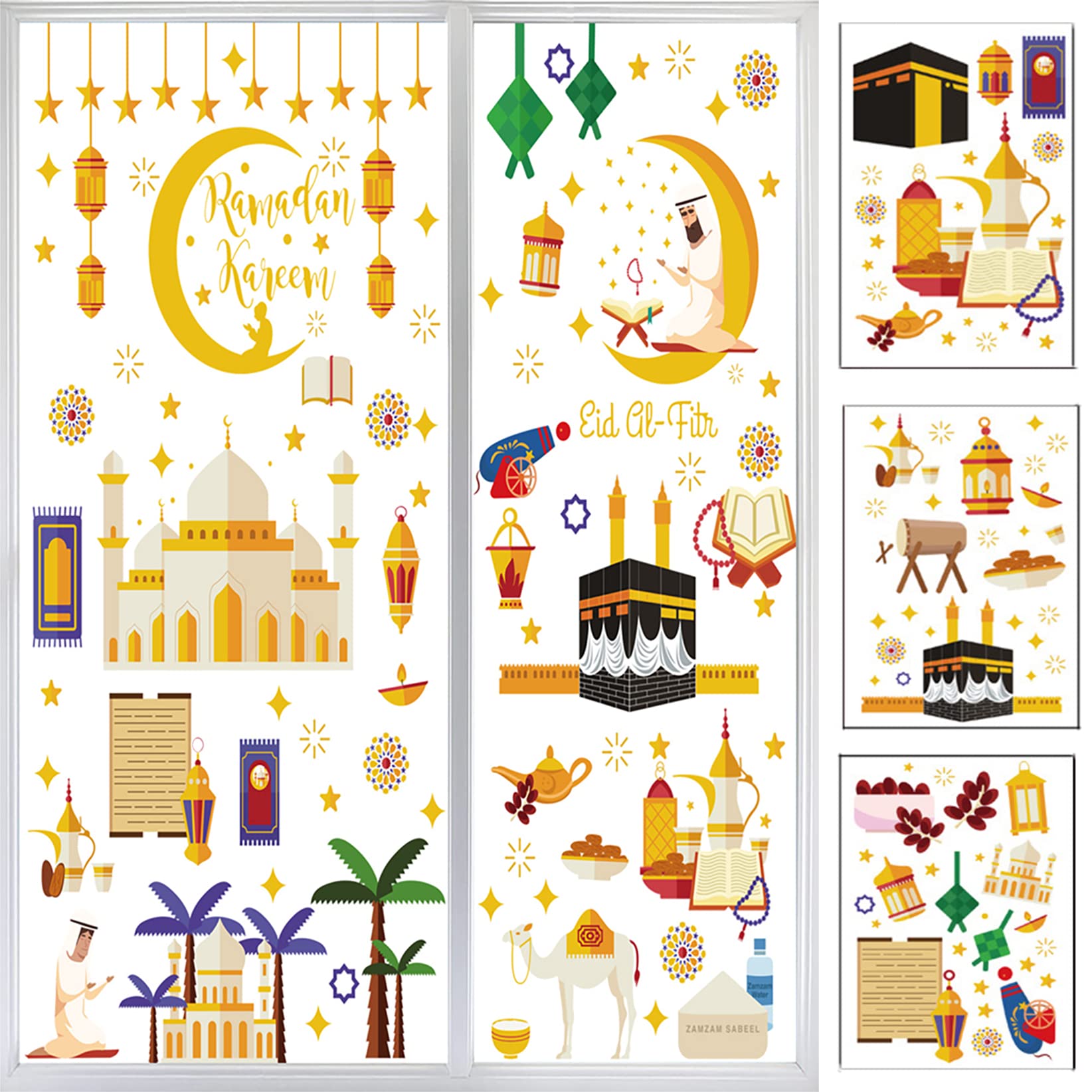 Moninsta 196PCS Eid al Adha Ramadan Decorations Window Clings Eid Mubarak Window Stickers Set Window Decals Removable for Ramadan Kareem Window Decals Stickers with Moon Star Element Home Decoration