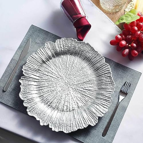 Efavormart - Paquete de 6 platos de carga redondos de plástico plateado de 13 pulgadas, con borde con volantes, para bodas, eventos