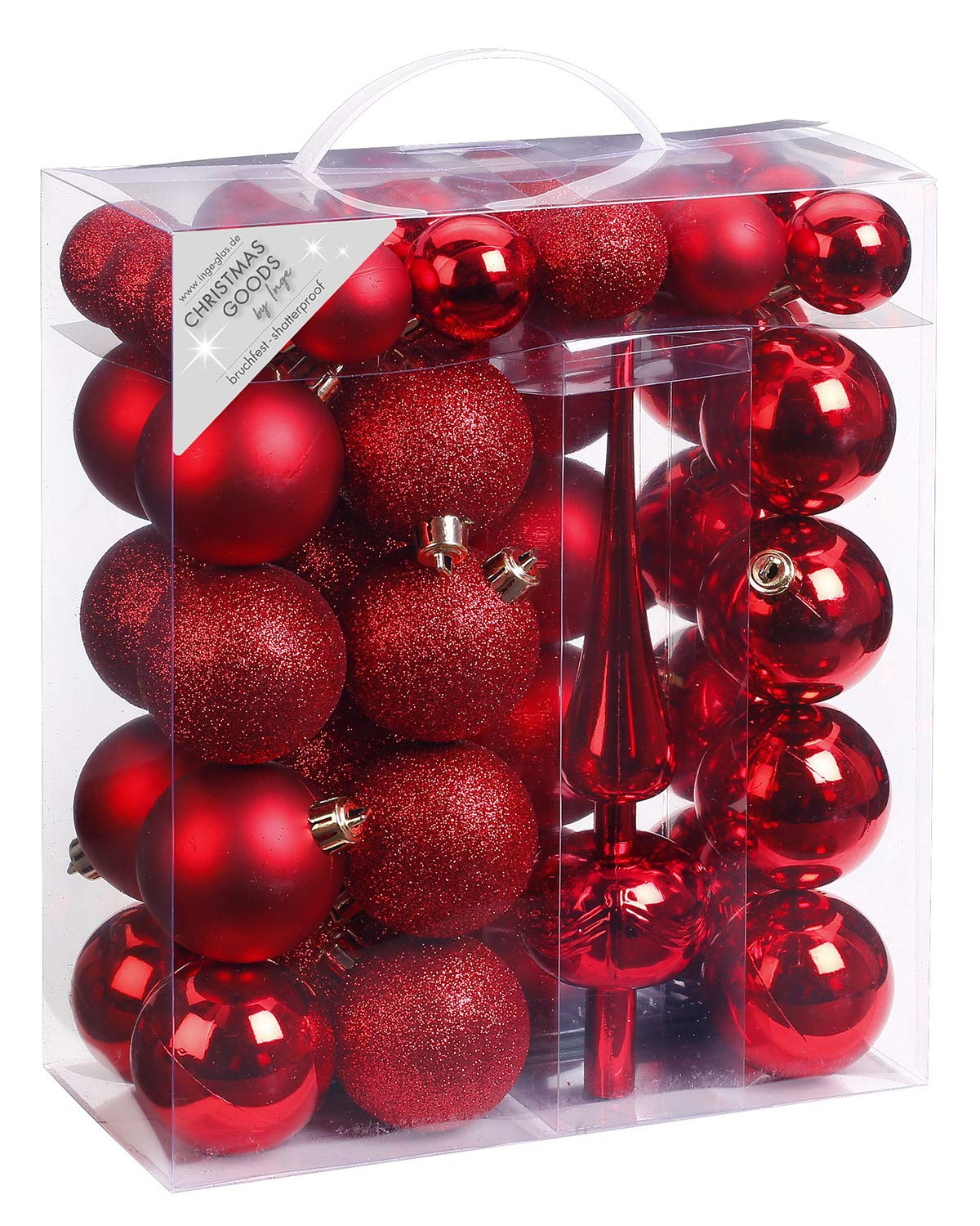 Inge-glas 47 Christbaumkugeln Kunststoff 4cm und 6cm mit Spitze Set (Rot Glanz/Matt)
